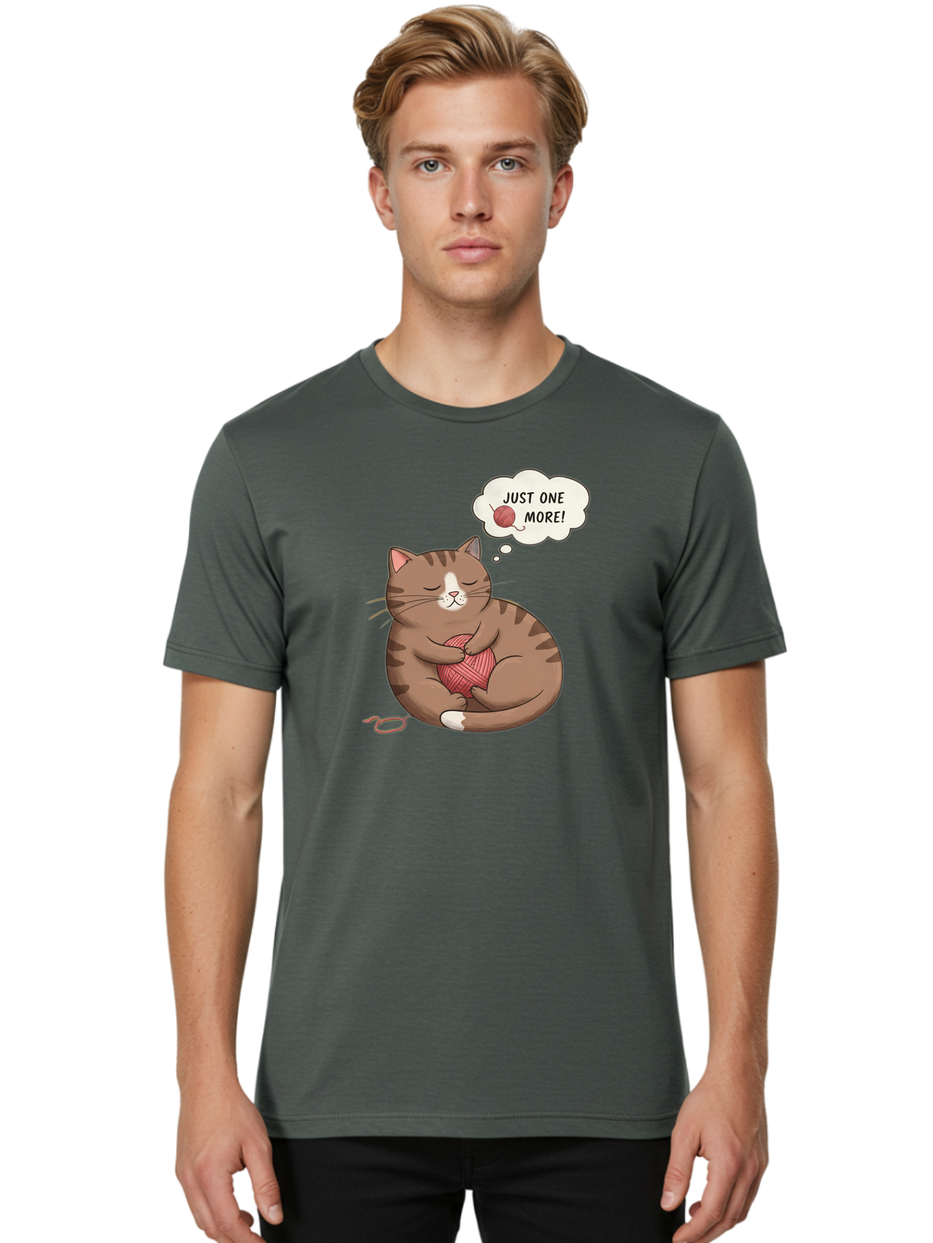 Just-One-More Men'S Graphic Tee, 100% Cotton, Comfortable Casual Summer Wear, Machine Washable, Cat Hugging Yarn Ball, Cartoon Cat, Cute Animal, Funny Meme, Knitting Humor, Adorable Feline, Playful Kitty, Cat Love, Yarn Obsession, Bac084 27