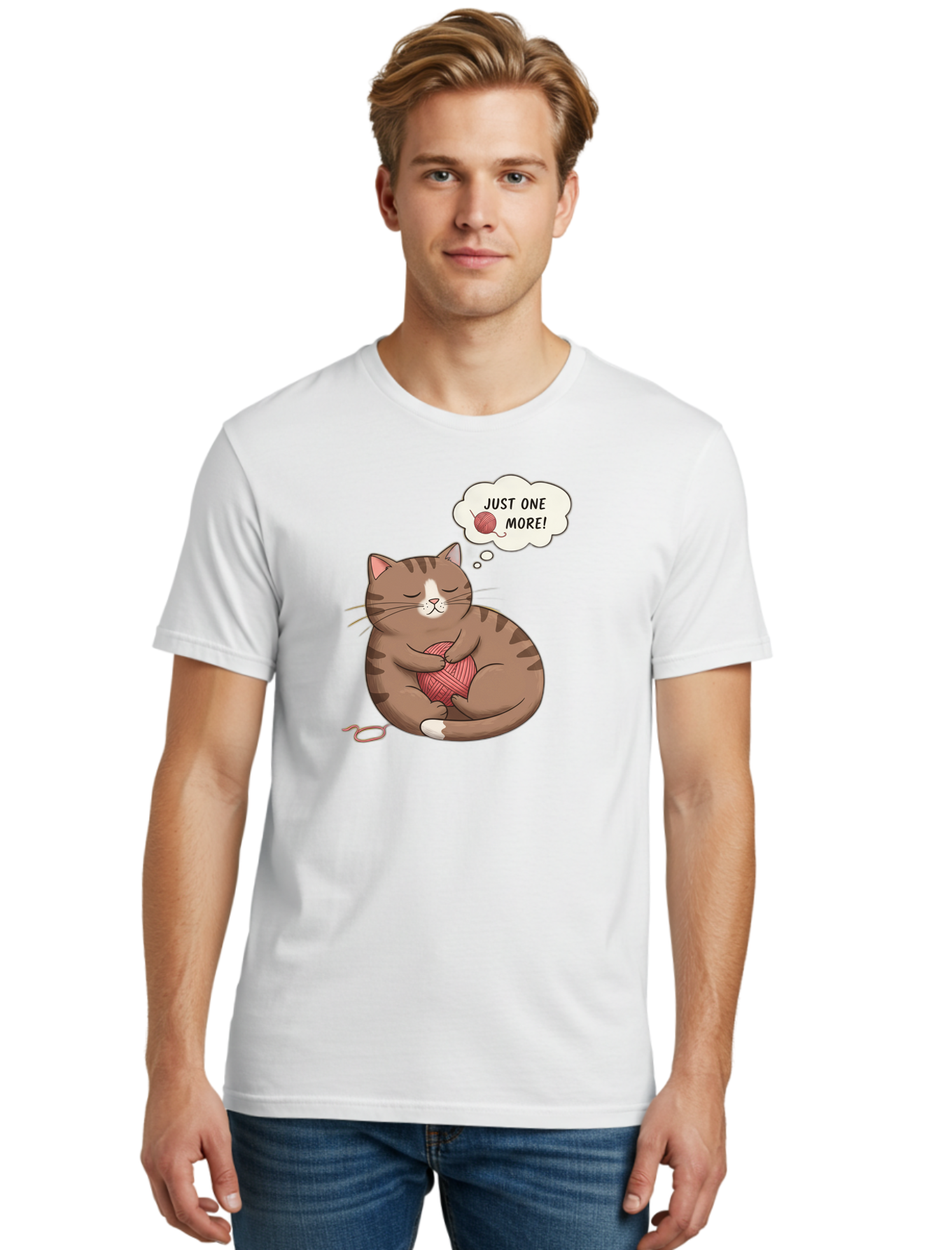 Just-One-More Men'S Graphic Tee, 100% Cotton, Comfortable Casual Summer Wear, Machine Washable, Cat Hugging Yarn Ball, Cartoon Cat, Cute Animal, Funny Meme, Knitting Humor, Adorable Feline, Playful Kitty, Cat Love, Yarn Obsession, Bac084 25