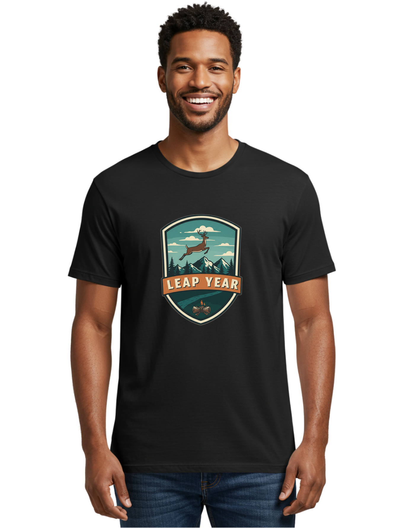 Leap-Year-4 Men'S Graphic Tee, 100% Cotton, Comfortable Casual Summer Wear, Machine Washable, Leaping Deer, Mountainous Landscape, Snowy Peaks, Evergreen Trees, Campfire, Adventure Symbol, Outdoor Emblem, Wilderness Icon, Bac114 26