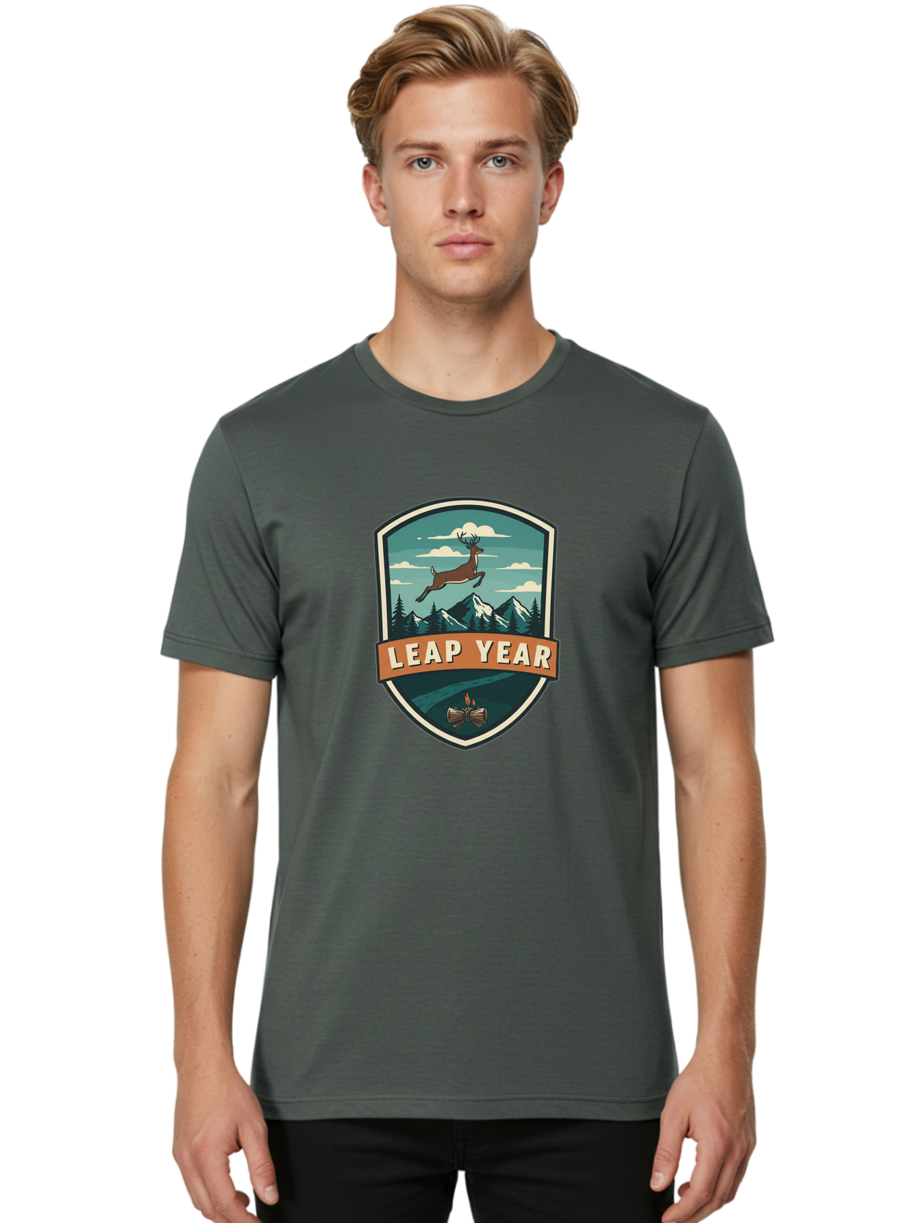 Leap-Year-4 Men'S Graphic Tee, 100% Cotton, Comfortable Casual Summer Wear, Machine Washable, Leaping Deer, Mountainous Landscape, Snowy Peaks, Evergreen Trees, Campfire, Adventure Symbol, Outdoor Emblem, Wilderness Icon, Bac114 30