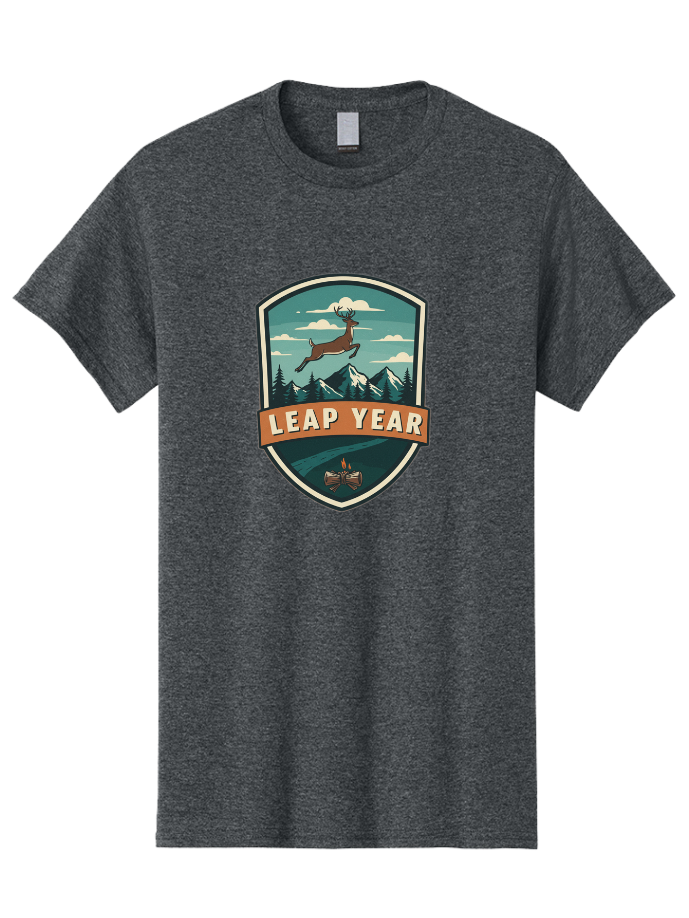 Leap-Year-4 Men'S Graphic Tee, 100% Cotton, Comfortable Casual Summer Wear, Machine Washable, Leaping Deer, Mountainous Landscape, Snowy Peaks, Evergreen Trees, Campfire, Adventure Symbol, Outdoor Emblem, Wilderness Icon, Bac114 5