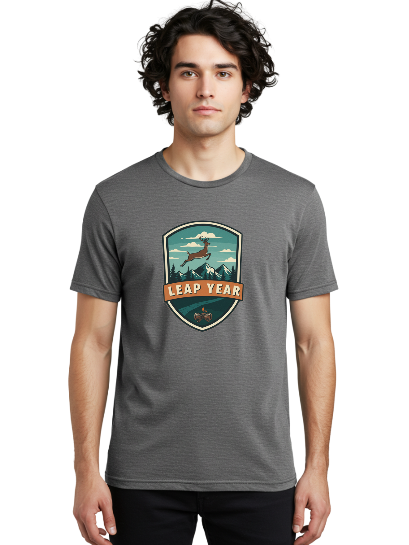 Leap-Year-4 Men'S Graphic Tee, 100% Cotton, Comfortable Casual Summer Wear, Machine Washable, Leaping Deer, Mountainous Landscape, Snowy Peaks, Evergreen Trees, Campfire, Adventure Symbol, Outdoor Emblem, Wilderness Icon, Bac114 28