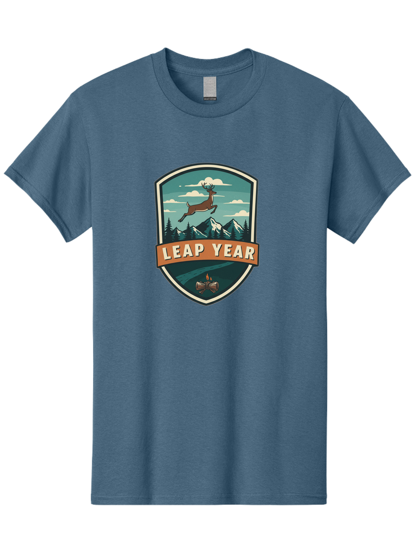 Leap-Year-4 Men'S Graphic Tee, 100% Cotton, Comfortable Casual Summer Wear, Machine Washable, Leaping Deer, Mountainous Landscape, Snowy Peaks, Evergreen Trees, Campfire, Adventure Symbol, Outdoor Emblem, Wilderness Icon, Bac114 6
