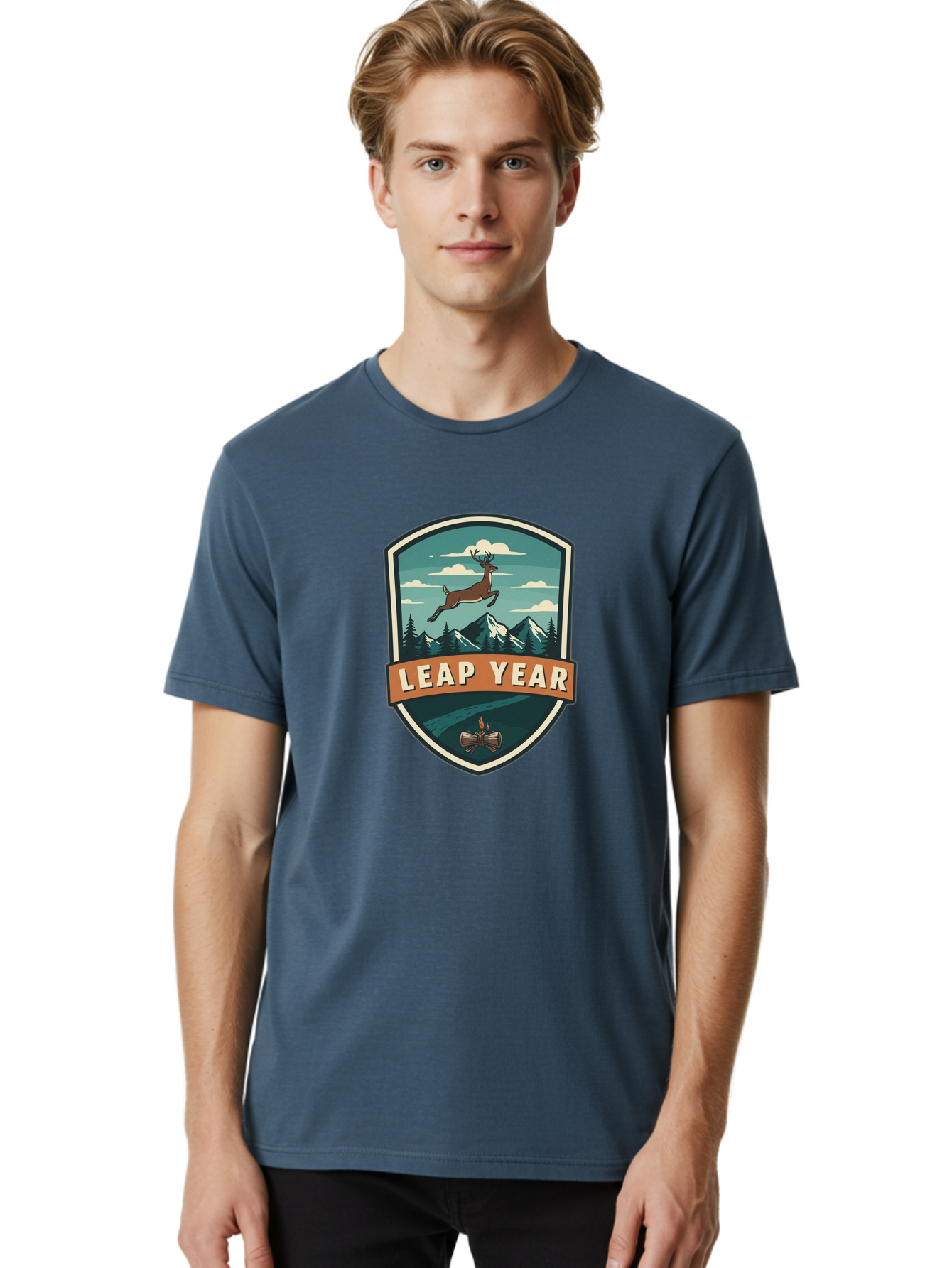 Leap-Year-4 Men'S Graphic Tee, 100% Cotton, Comfortable Casual Summer Wear, Machine Washable, Leaping Deer, Mountainous Landscape, Snowy Peaks, Evergreen Trees, Campfire, Adventure Symbol, Outdoor Emblem, Wilderness Icon, Bac114 21