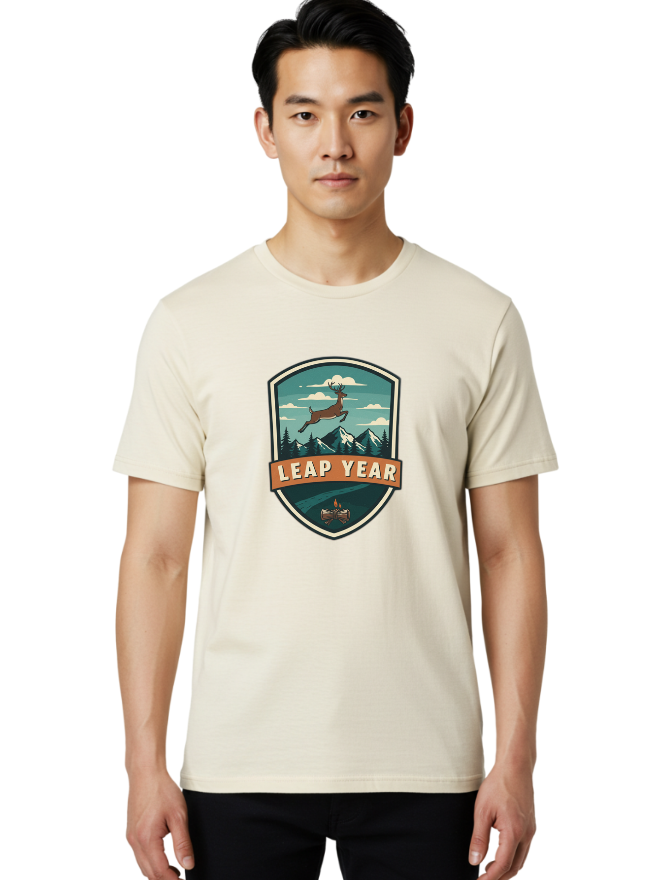 Leap-Year-4 Men'S Graphic Tee, 100% Cotton, Comfortable Casual Summer Wear, Machine Washable, Leaping Deer, Mountainous Landscape, Snowy Peaks, Evergreen Trees, Campfire, Adventure Symbol, Outdoor Emblem, Wilderness Icon, Bac114 17