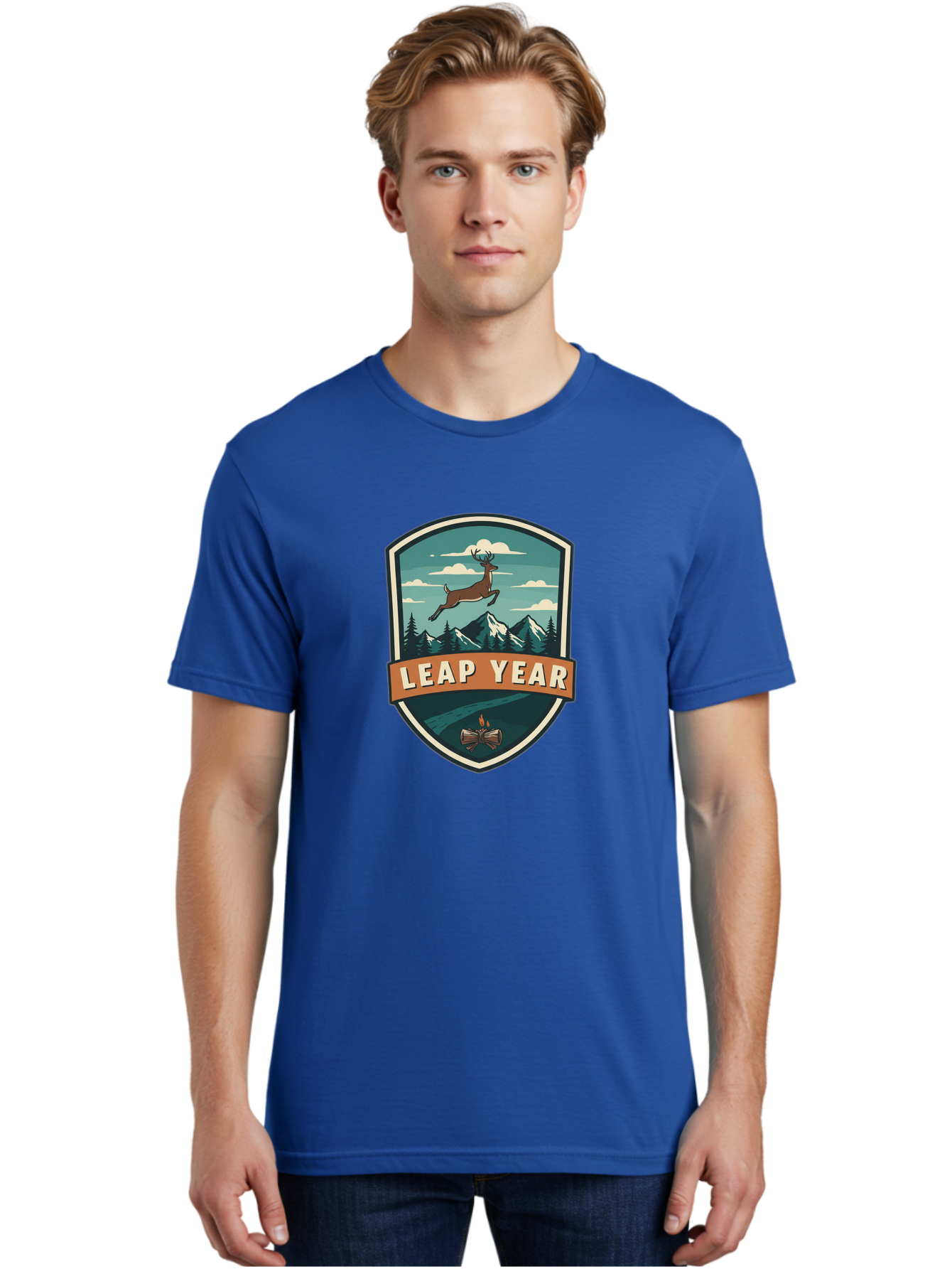 Leap-Year-4 Men'S Graphic Tee, 100% Cotton, Comfortable Casual Summer Wear, Machine Washable, Leaping Deer, Mountainous Landscape, Snowy Peaks, Evergreen Trees, Campfire, Adventure Symbol, Outdoor Emblem, Wilderness Icon, Bac114 19
