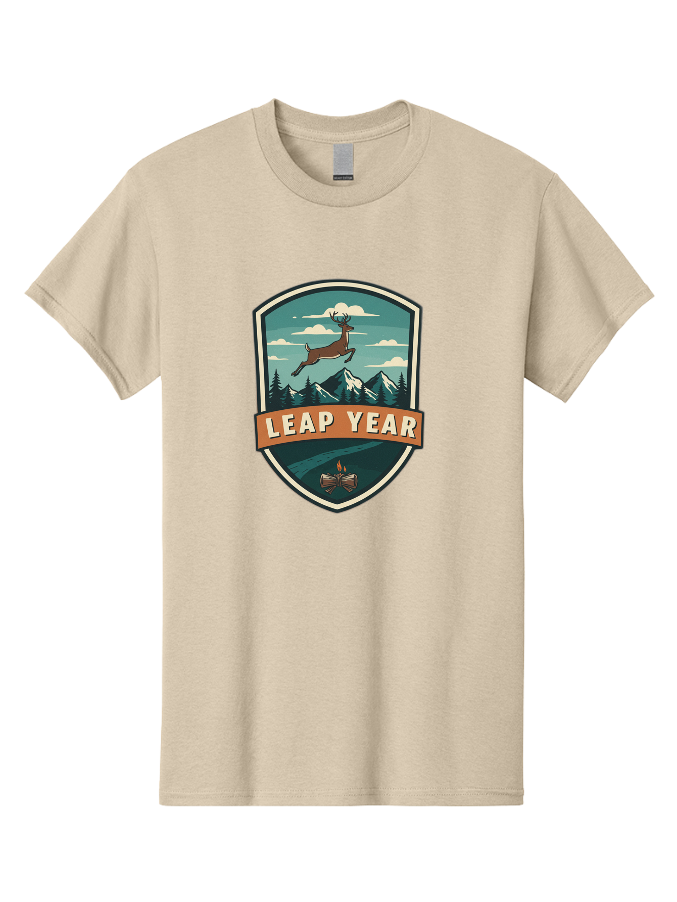 Leap-Year-4 Men'S Graphic Tee, 100% Cotton, Comfortable Casual Summer Wear, Machine Washable, Leaping Deer, Mountainous Landscape, Snowy Peaks, Evergreen Trees, Campfire, Adventure Symbol, Outdoor Emblem, Wilderness Icon, Bac114 1
