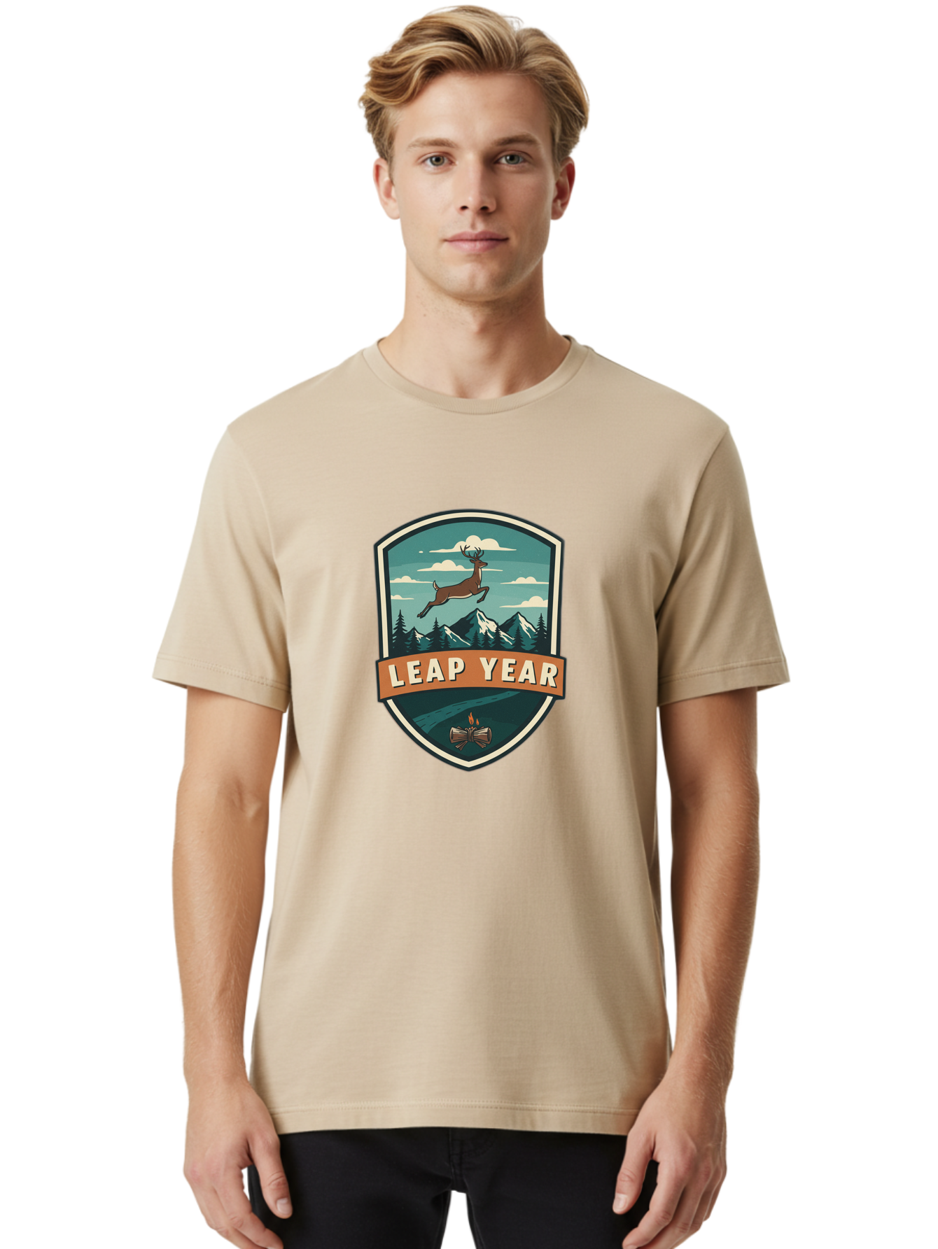 Leap-Year-4 Men'S Graphic Tee, 100% Cotton, Comfortable Casual Summer Wear, Machine Washable, Leaping Deer, Mountainous Landscape, Snowy Peaks, Evergreen Trees, Campfire, Adventure Symbol, Outdoor Emblem, Wilderness Icon, Bac114 16