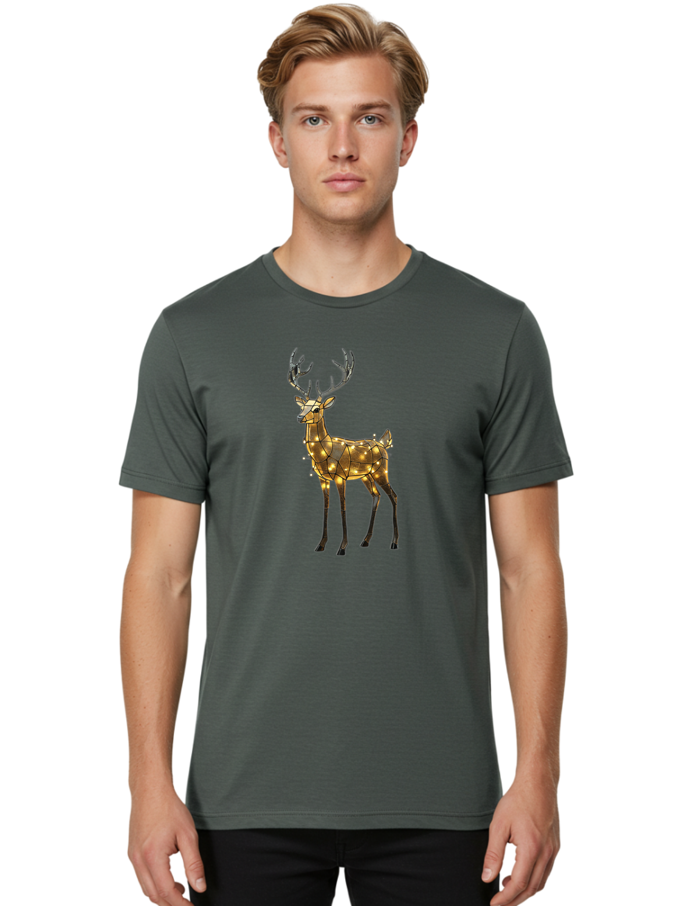Led-Reindeer Men'S Graphic Tee, 100% Cotton, Comfortable Casual Summer Wear, Machine Washable, Illuminated Reindeer, Golden Lights, Festive Decor, Christmas Display, Holiday Decoration, Wire Sculpture, Glowing Ornament, Seasonal Display Bac119 26