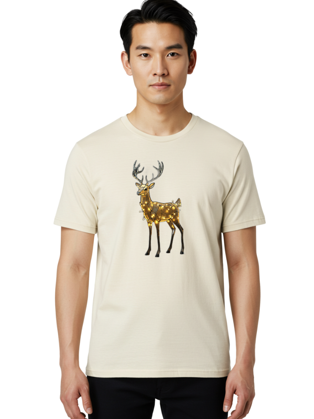 Led-Reindeer Men'S Graphic Tee, 100% Cotton, Comfortable Casual Summer Wear, Machine Washable, Illuminated Reindeer, Golden Lights, Festive Decor, Christmas Display, Holiday Decoration, Wire Sculpture, Glowing Ornament, Seasonal Display Bac119 17