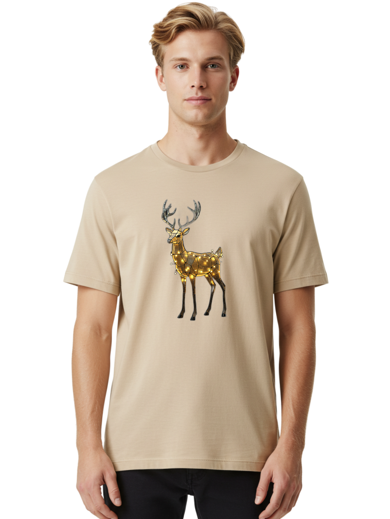 Led-Reindeer Men'S Graphic Tee, 100% Cotton, Comfortable Casual Summer Wear, Machine Washable, Illuminated Reindeer, Golden Lights, Festive Decor, Christmas Display, Holiday Decoration, Wire Sculpture, Glowing Ornament, Seasonal Display Bac119 21