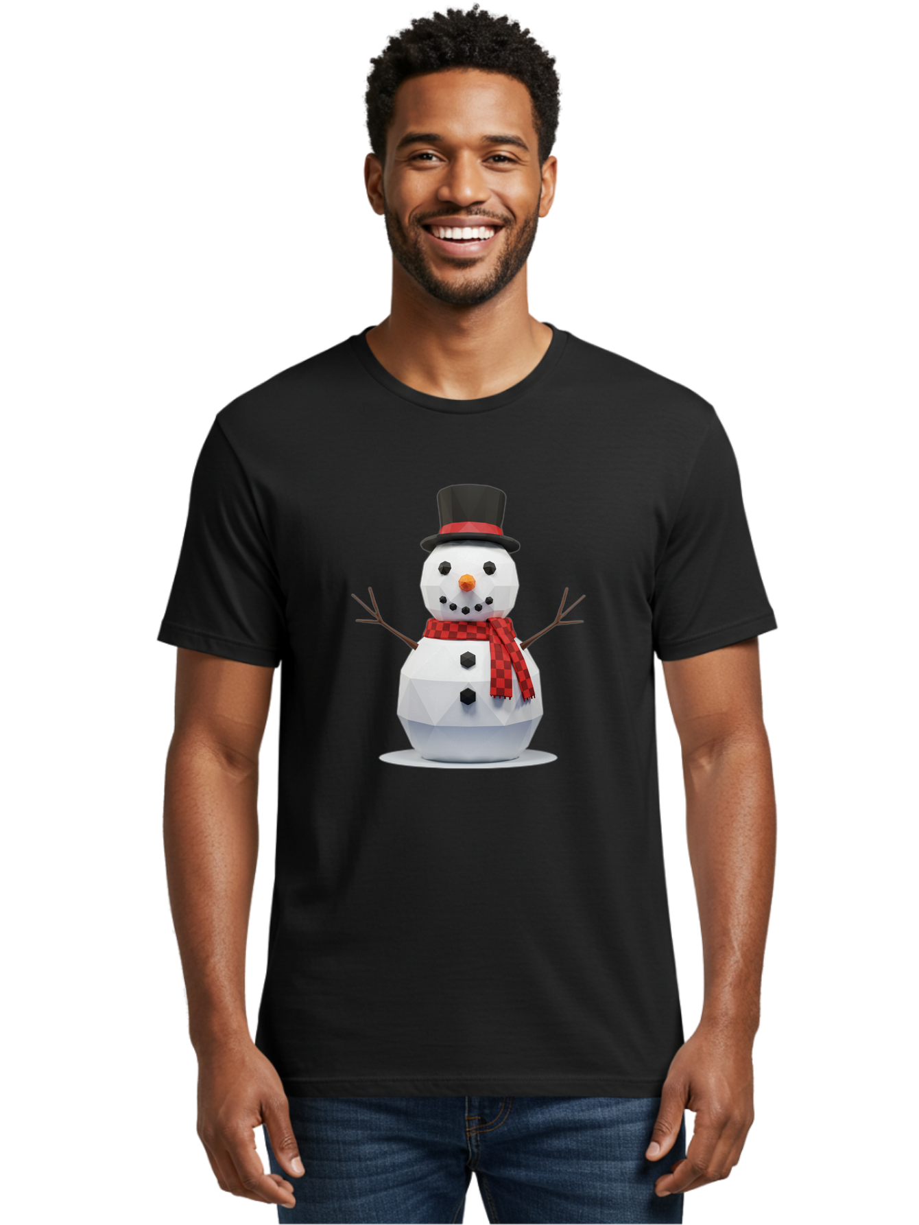 Low-Poly-Snowman-Portrait Men'S Graphic Tee, 100% Cotton, Comfortable Casual Summer Wear, Machine Washable, Low Poly Snowman, 3D Model, Winter Decoration, Festive Character, Checkered Scarf, Black Top Hat, Geometric Design, Christmas Theme, Bac123 23