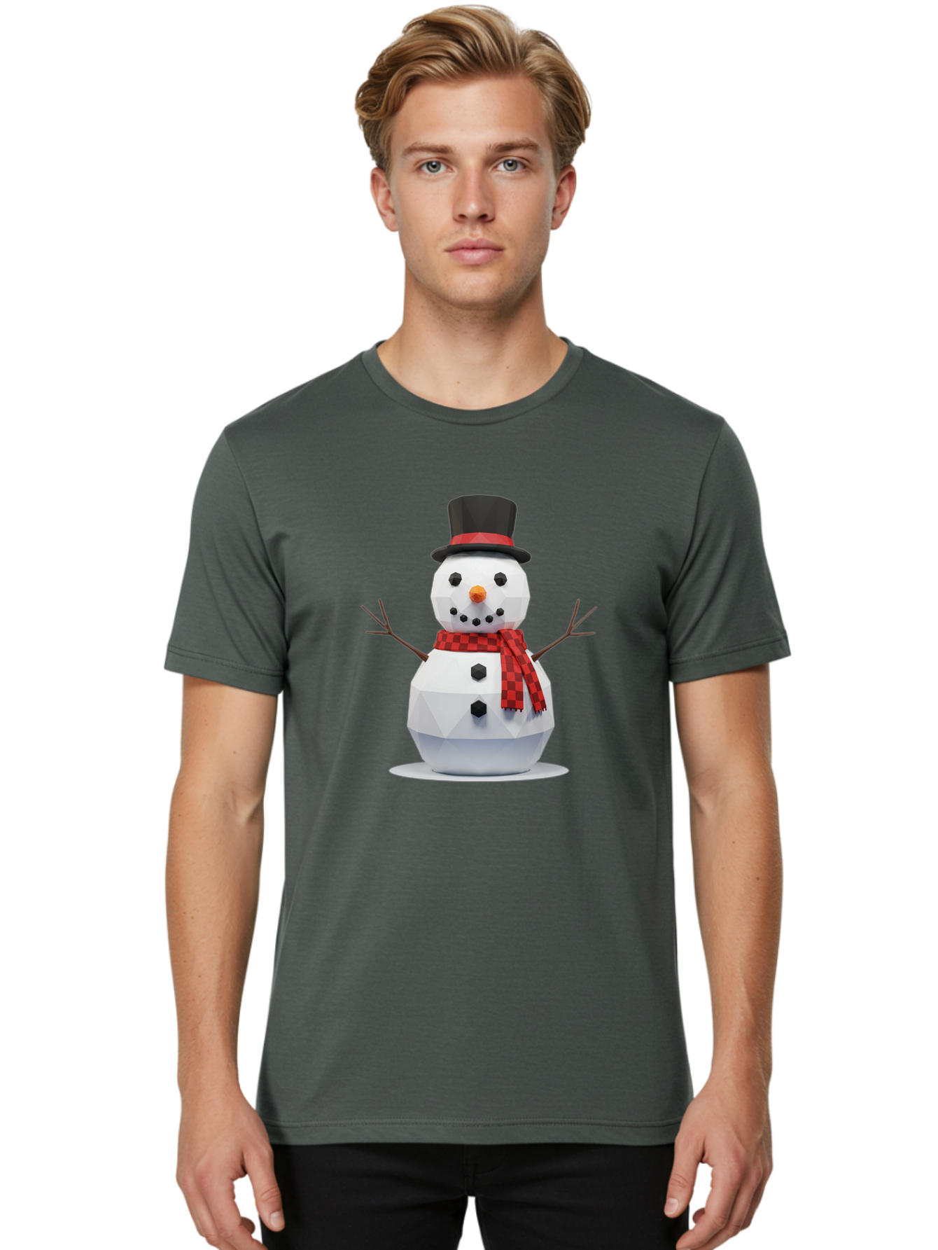 Low-Poly-Snowman-Portrait Men'S Graphic Tee, 100% Cotton, Comfortable Casual Summer Wear, Machine Washable, Low Poly Snowman, 3D Model, Winter Decoration, Festive Character, Checkered Scarf, Black Top Hat, Geometric Design, Christmas Theme, Bac123 28