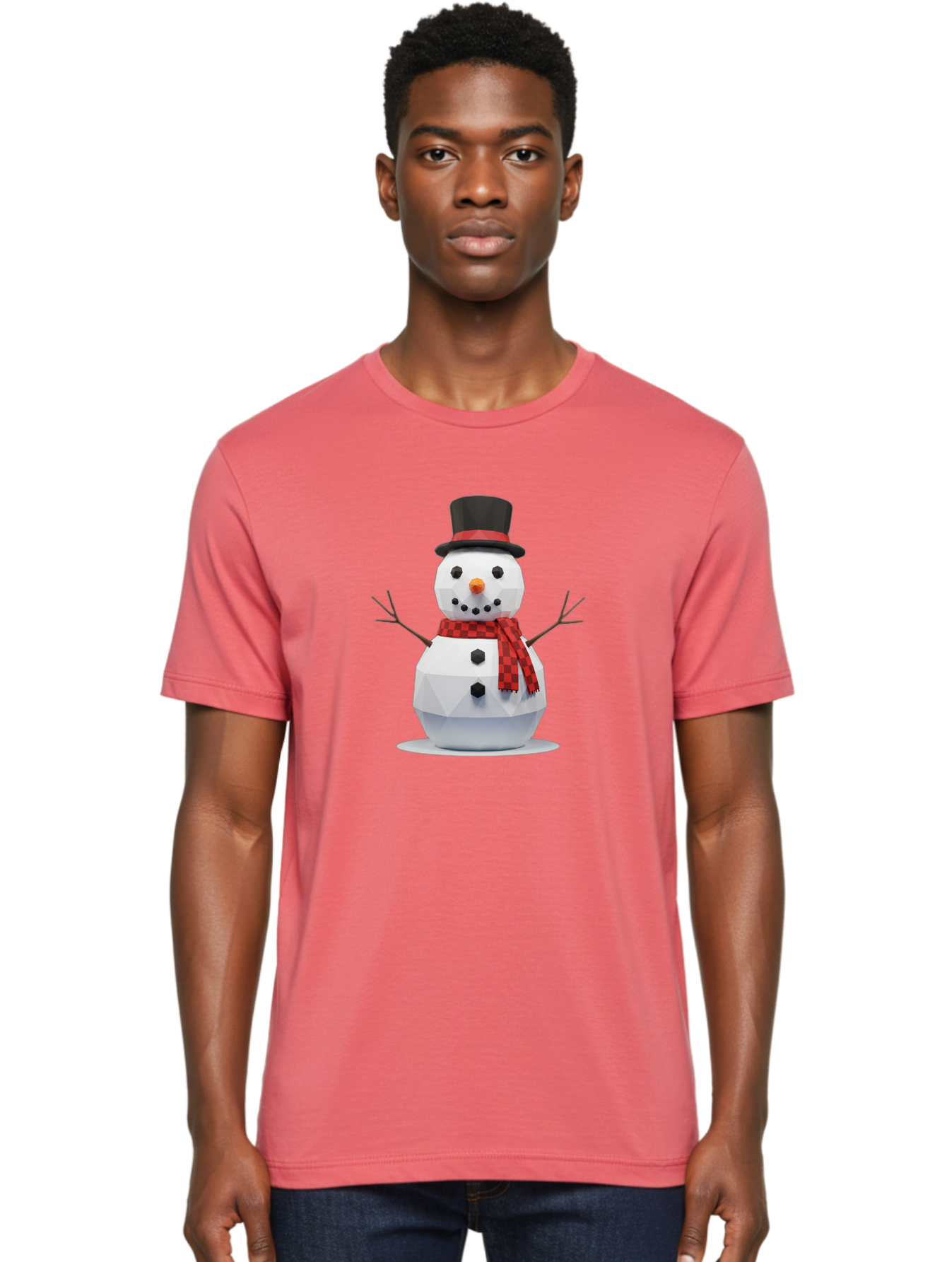 Low-Poly-Snowman-Portrait Men'S Graphic Tee, 100% Cotton, Comfortable Casual Summer Wear, Machine Washable, Low Poly Snowman, 3D Model, Winter Decoration, Festive Character, Checkered Scarf, Black Top Hat, Geometric Design, Christmas Theme, Bac123 17
