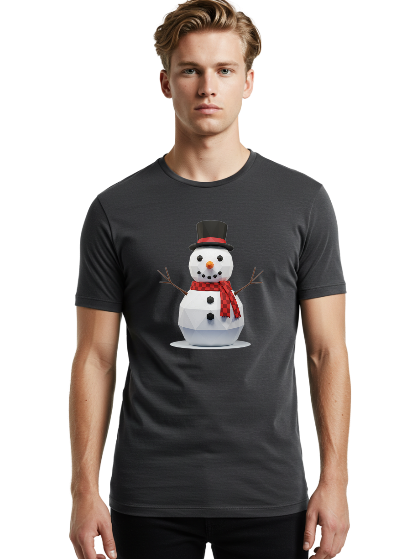 Low-Poly-Snowman-Portrait Men'S Graphic Tee, 100% Cotton, Comfortable Casual Summer Wear, Machine Washable, Low Poly Snowman, 3D Model, Winter Decoration, Festive Character, Checkered Scarf, Black Top Hat, Geometric Design, Christmas Theme, Bac123 18
