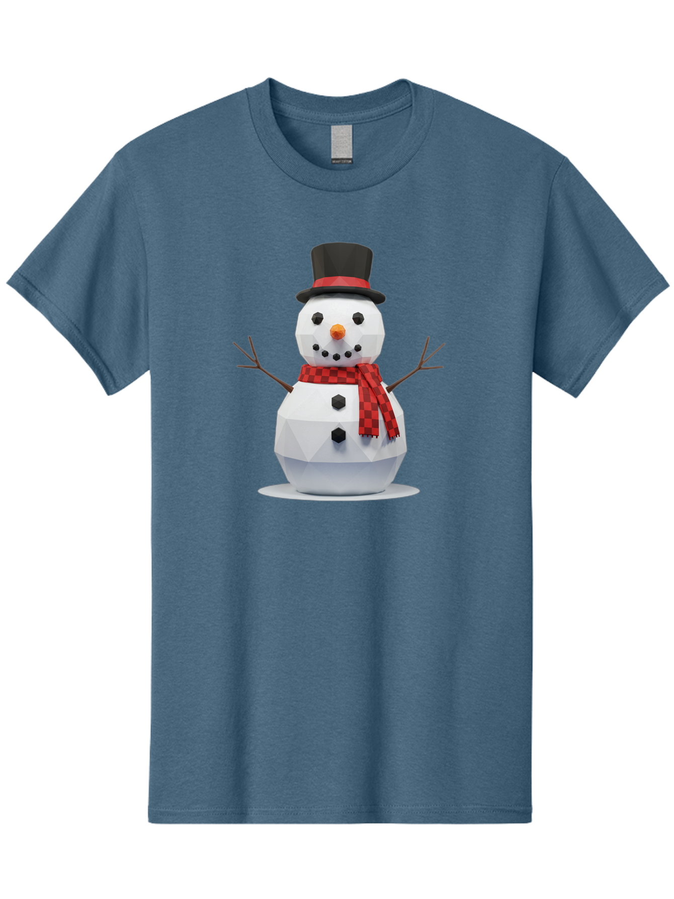 Low-Poly-Snowman-Portrait Men'S Graphic Tee, 100% Cotton, Comfortable Casual Summer Wear, Machine Washable, Low Poly Snowman, 3D Model, Winter Decoration, Festive Character, Checkered Scarf, Black Top Hat, Geometric Design, Christmas Theme, Bac123 11