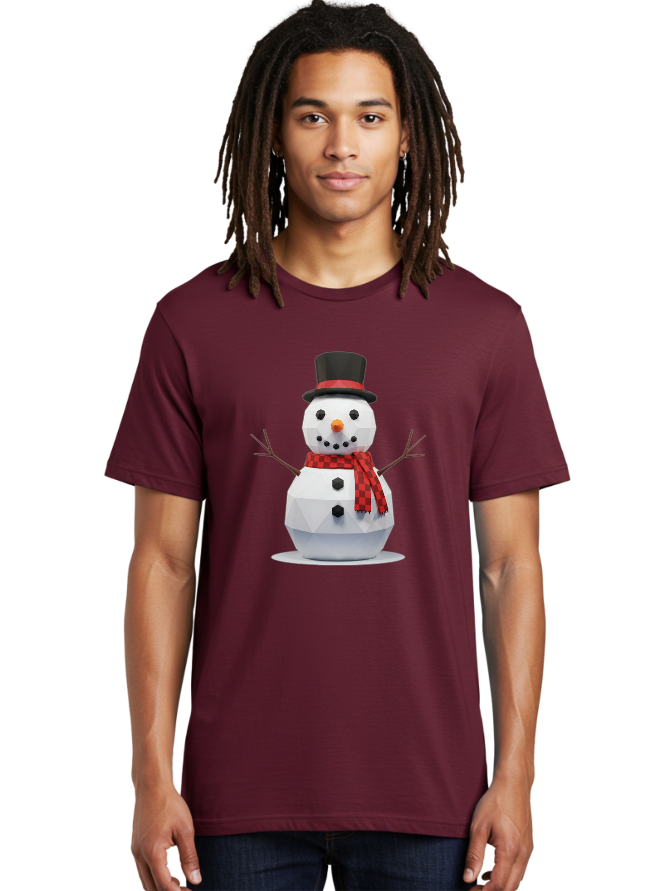 Low-Poly-Snowman-Portrait Men'S Graphic Tee, 100% Cotton, Comfortable Casual Summer Wear, Machine Washable, Low Poly Snowman, 3D Model, Winter Decoration, Festive Character, Checkered Scarf, Black Top Hat, Geometric Design, Christmas Theme, Bac123 30