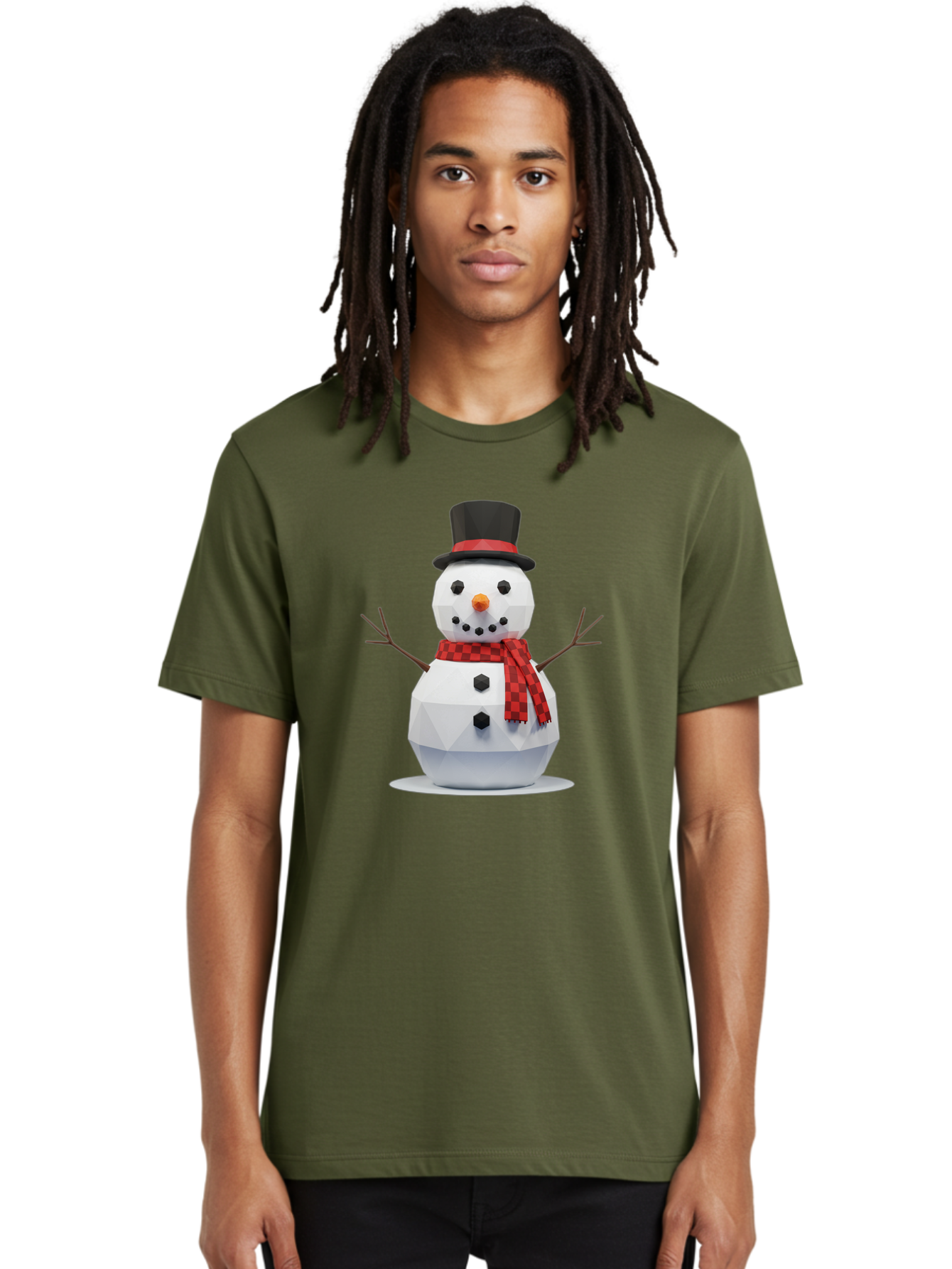 Low-Poly-Snowman-Portrait Men'S Graphic Tee, 100% Cotton, Comfortable Casual Summer Wear, Machine Washable, Low Poly Snowman, 3D Model, Winter Decoration, Festive Character, Checkered Scarf, Black Top Hat, Geometric Design, Christmas Theme, Bac123 29