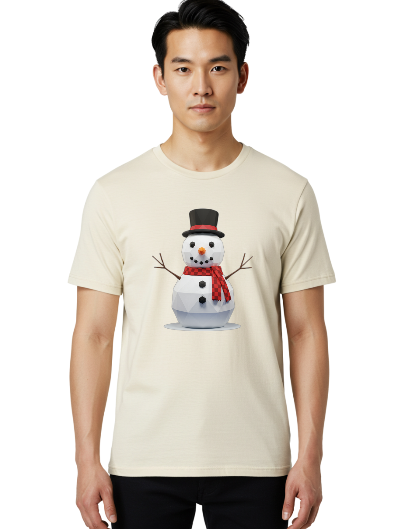Low-Poly-Snowman-Portrait Men'S Graphic Tee, 100% Cotton, Comfortable Casual Summer Wear, Machine Washable, Low Poly Snowman, 3D Model, Winter Decoration, Festive Character, Checkered Scarf, Black Top Hat, Geometric Design, Christmas Theme, Bac123 19