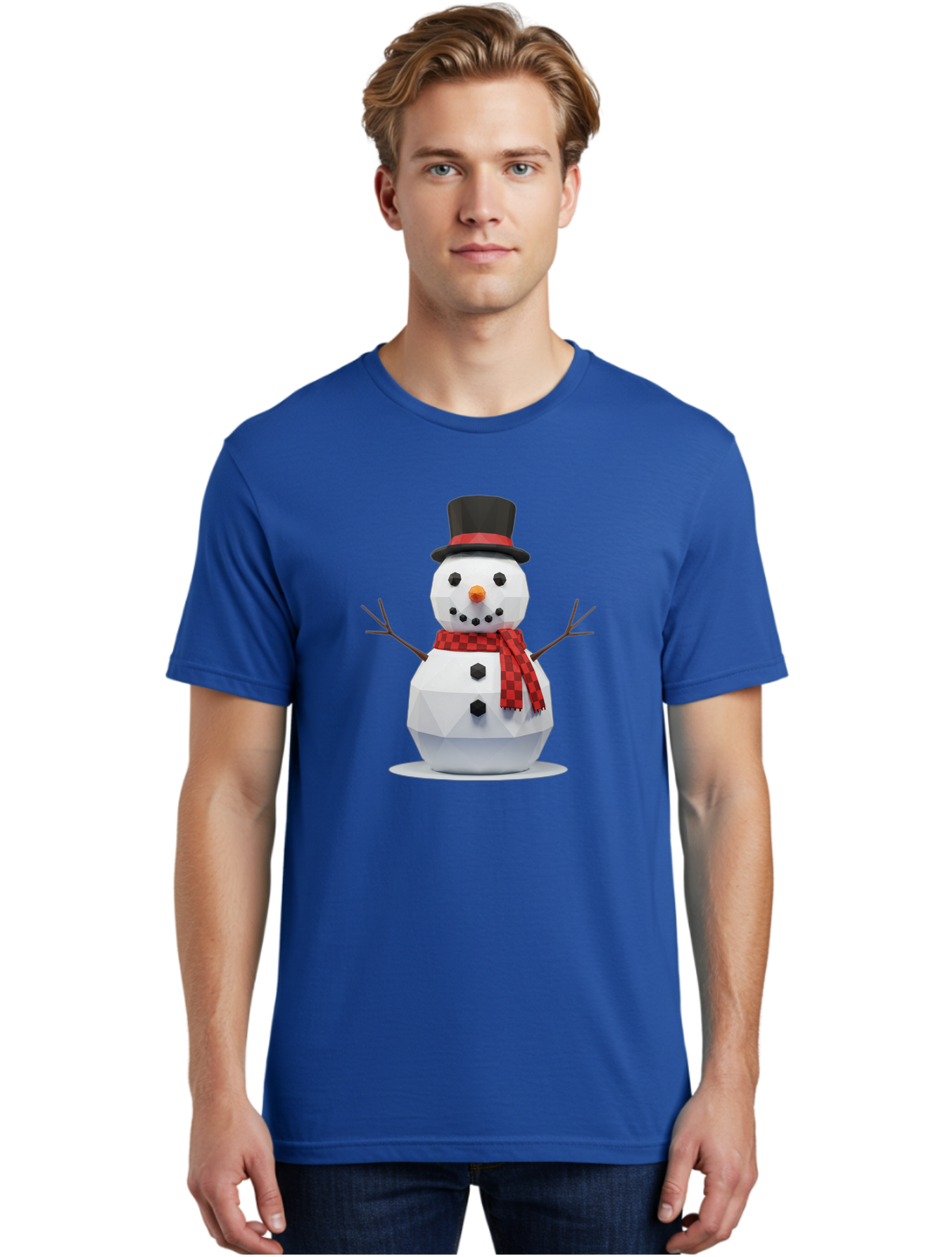 Low-Poly-Snowman-Portrait Men'S Graphic Tee, 100% Cotton, Comfortable Casual Summer Wear, Machine Washable, Low Poly Snowman, 3D Model, Winter Decoration, Festive Character, Checkered Scarf, Black Top Hat, Geometric Design, Christmas Theme, Bac123 20