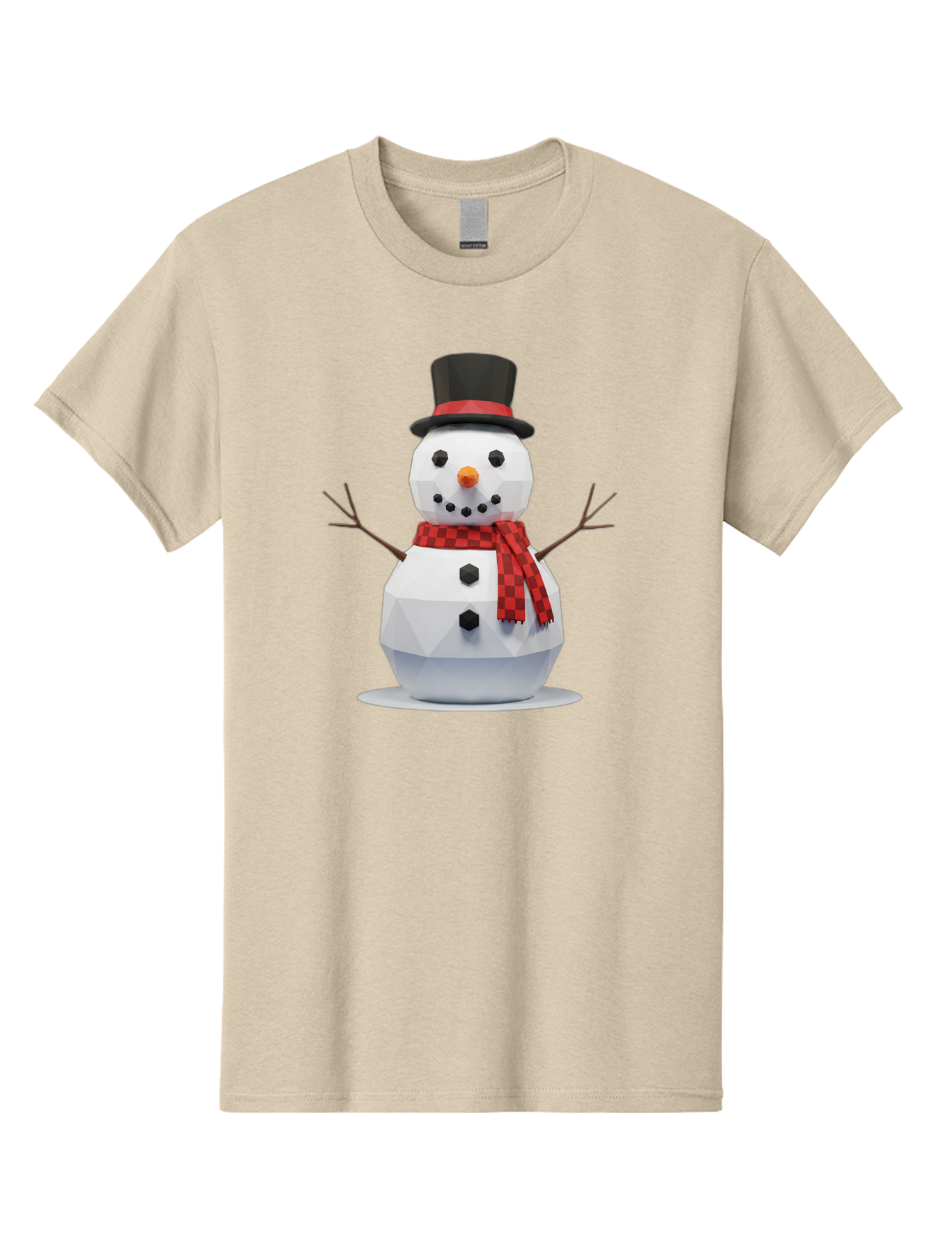 Low-Poly-Snowman-Portrait Men'S Graphic Tee, 100% Cotton, Comfortable Casual Summer Wear, Machine Washable, Low Poly Snowman, 3D Model, Winter Decoration, Festive Character, Checkered Scarf, Black Top Hat, Geometric Design, Christmas Theme, Bac123 6