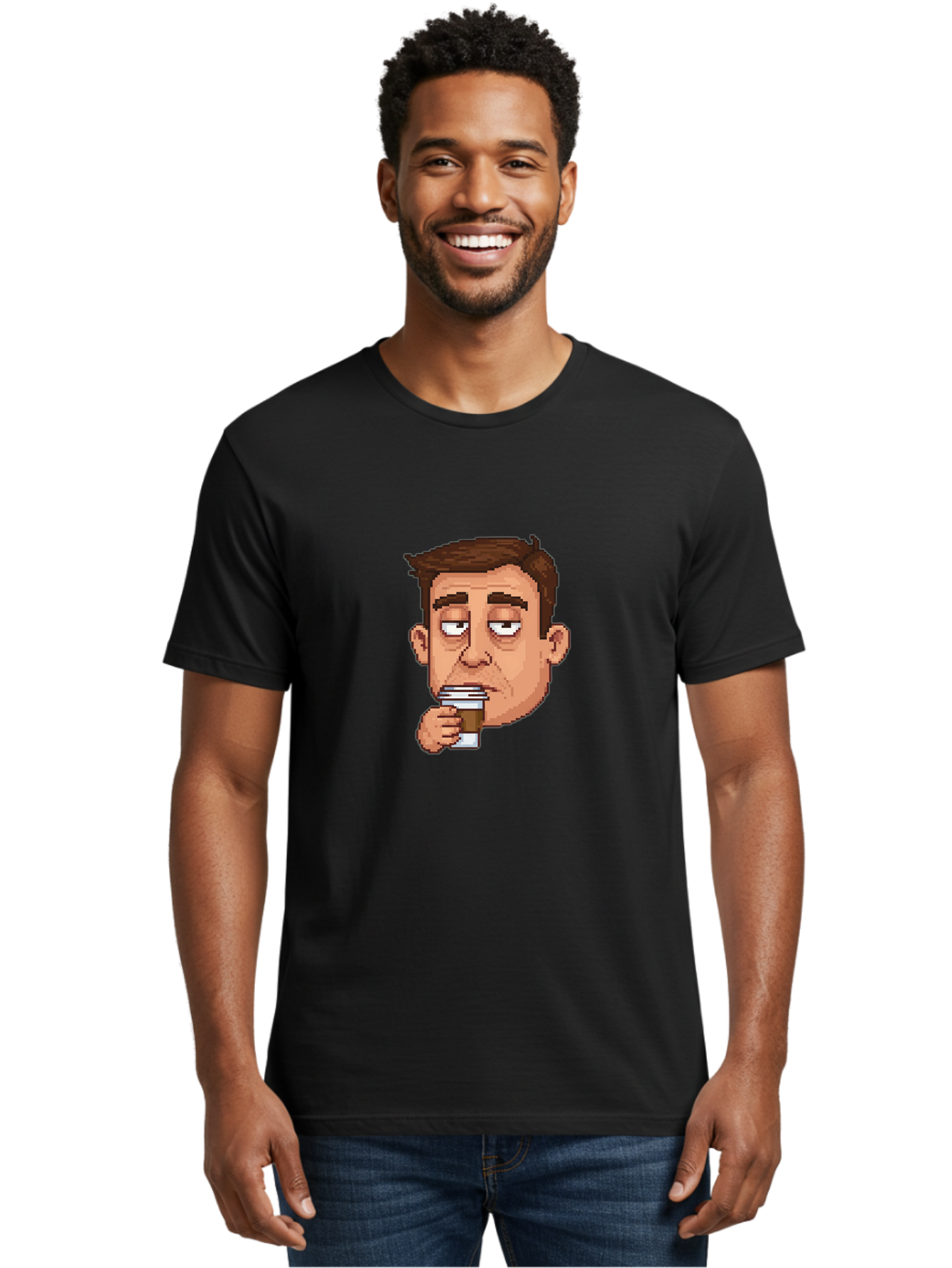 Man-Drinking-Coffee Men'S Graphic Tee, 100% Cotton, Comfortable Casual Summer Wear, Machine Washable, Cartoon Man, Pixel Art, Coffee Cup, Morning Routine, Daily Grind, Coffee Lover, Relaxed Atmosphere, Pixelated Character Bac127 18