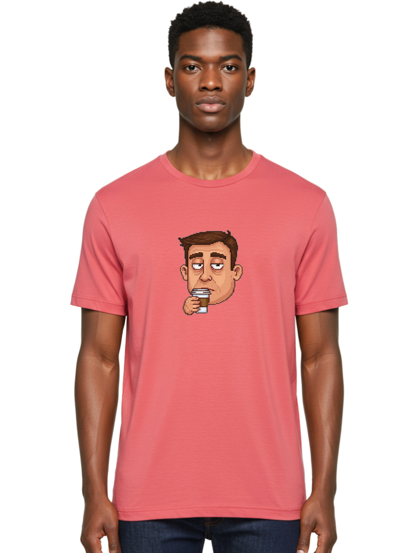 Man-Drinking-Coffee Men'S Graphic Tee, 100% Cotton, Comfortable Casual Summer Wear, Machine Washable, Cartoon Man, Pixel Art, Coffee Cup, Morning Routine, Daily Grind, Coffee Lover, Relaxed Atmosphere, Pixelated Character Bac127 30
