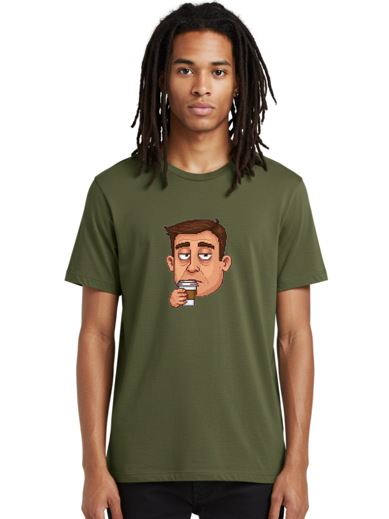 Man-Drinking-Coffee Men'S Graphic Tee, 100% Cotton, Comfortable Casual Summer Wear, Machine Washable, Cartoon Man, Pixel Art, Coffee Cup, Morning Routine, Daily Grind, Coffee Lover, Relaxed Atmosphere, Pixelated Character Bac127 26