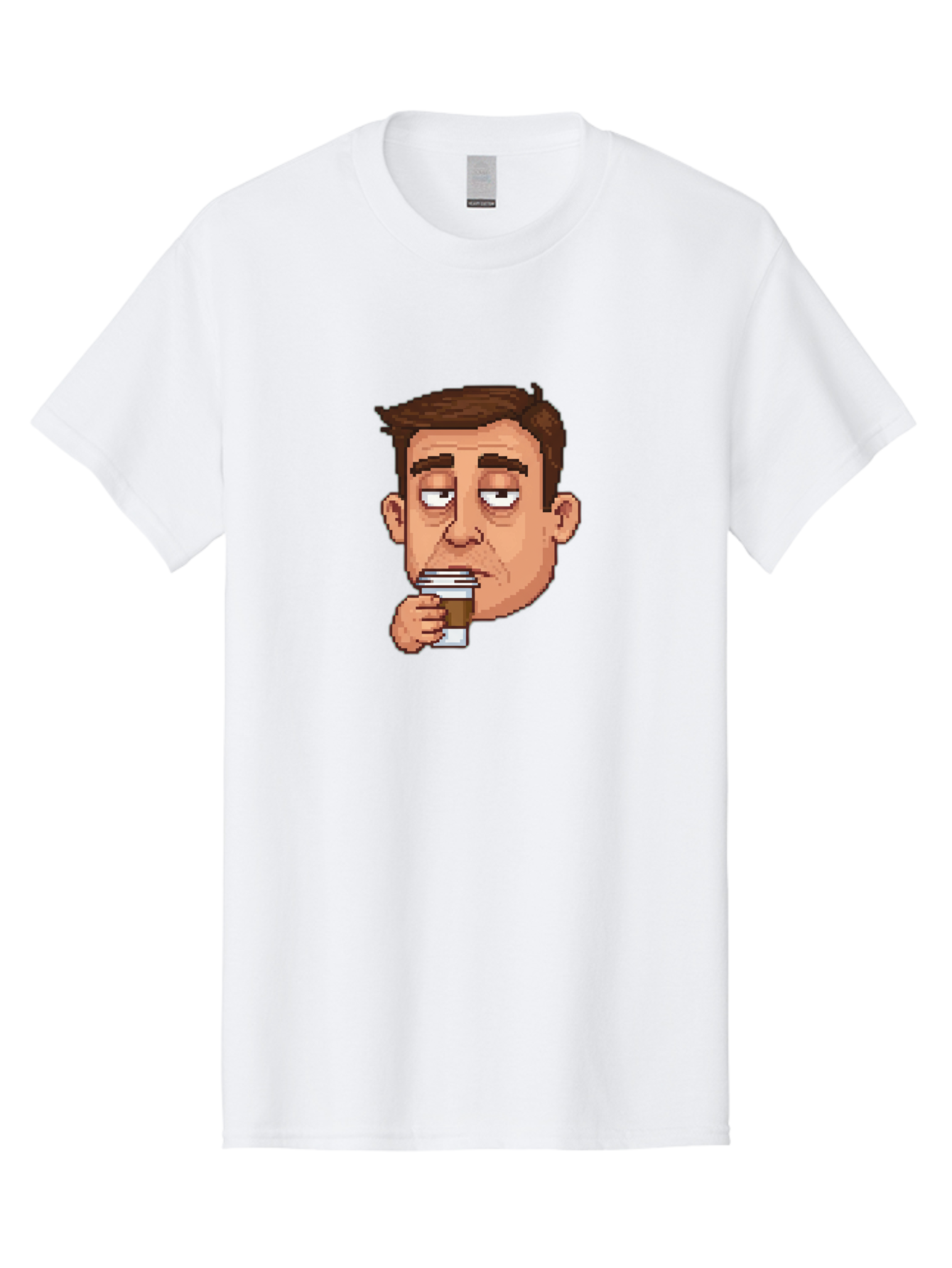 Man-Drinking-Coffee Men'S Graphic Tee, 100% Cotton, Comfortable Casual Summer Wear, Machine Washable, Cartoon Man, Pixel Art, Coffee Cup, Morning Routine, Daily Grind, Coffee Lover, Relaxed Atmosphere, Pixelated Character Bac127 8