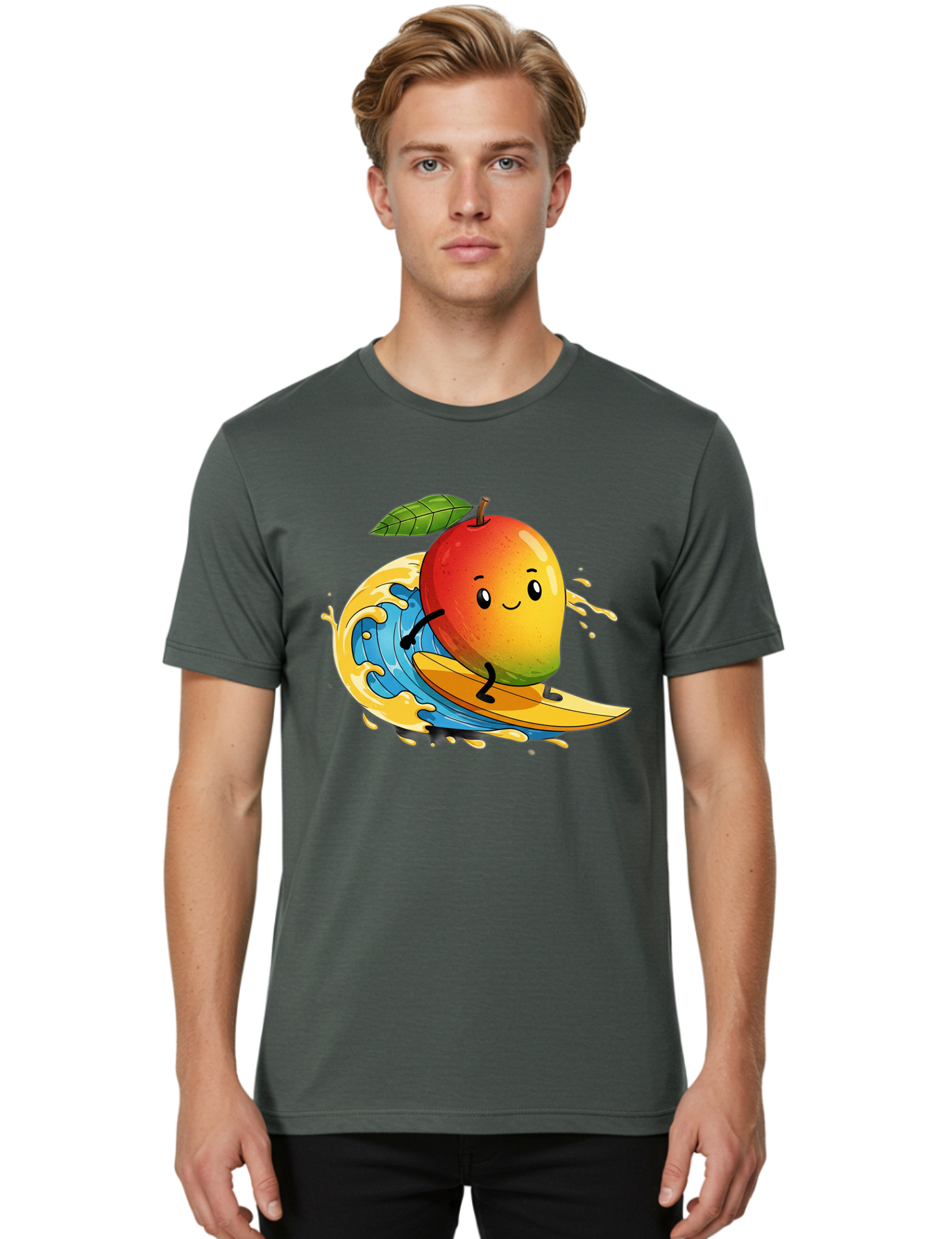 Mango-Surfing-1 Men'S Graphic Tee, 100% Cotton, Comfortable Casual Summer Wear, Machine Washable, Mango On Surfboard, Surfing Wave, Cartoon Fruit, Summer Fun, Beach Activity, Tropical Vibes, Happy Mango, Fruit Character, Playful Illustration Bac166 21