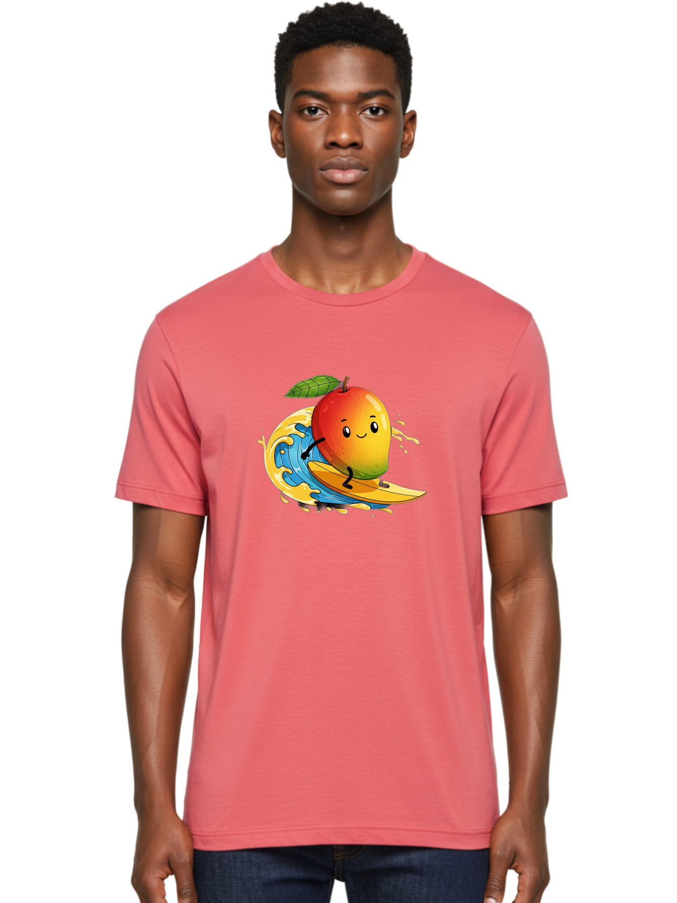 Mango-Surfing-1 Men'S Graphic Tee, 100% Cotton, Comfortable Casual Summer Wear, Machine Washable, Mango On Surfboard, Surfing Wave, Cartoon Fruit, Summer Fun, Beach Activity, Tropical Vibes, Happy Mango, Fruit Character, Playful Illustration Bac166 16