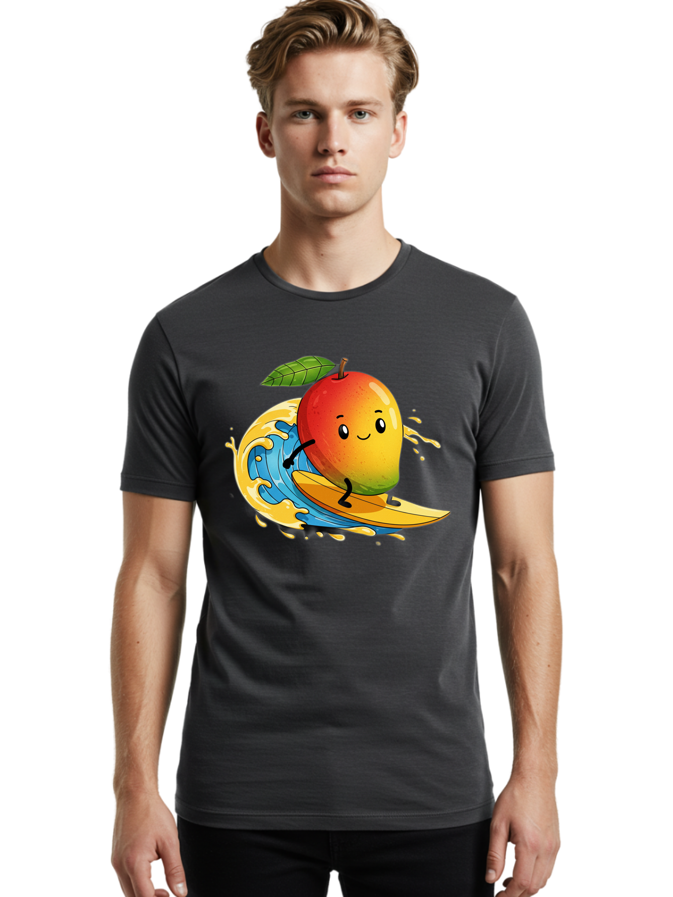 Mango-Surfing-1 Men'S Graphic Tee, 100% Cotton, Comfortable Casual Summer Wear, Machine Washable, Mango On Surfboard, Surfing Wave, Cartoon Fruit, Summer Fun, Beach Activity, Tropical Vibes, Happy Mango, Fruit Character, Playful Illustration Bac166 22