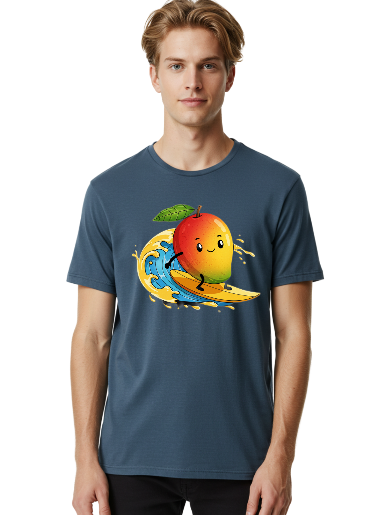 Mango-Surfing-1 Men'S Graphic Tee, 100% Cotton, Comfortable Casual Summer Wear, Machine Washable, Mango On Surfboard, Surfing Wave, Cartoon Fruit, Summer Fun, Beach Activity, Tropical Vibes, Happy Mango, Fruit Character, Playful Illustration Bac166 25