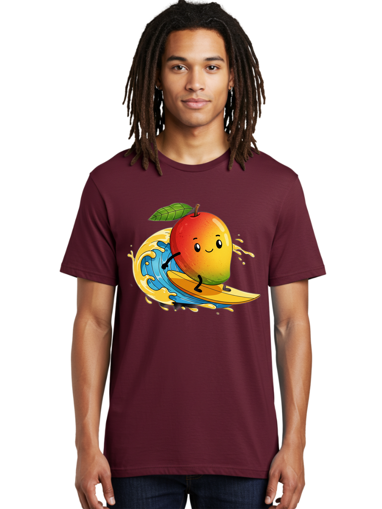 Mango-Surfing-1 Men'S Graphic Tee, 100% Cotton, Comfortable Casual Summer Wear, Machine Washable, Mango On Surfboard, Surfing Wave, Cartoon Fruit, Summer Fun, Beach Activity, Tropical Vibes, Happy Mango, Fruit Character, Playful Illustration Bac166 18
