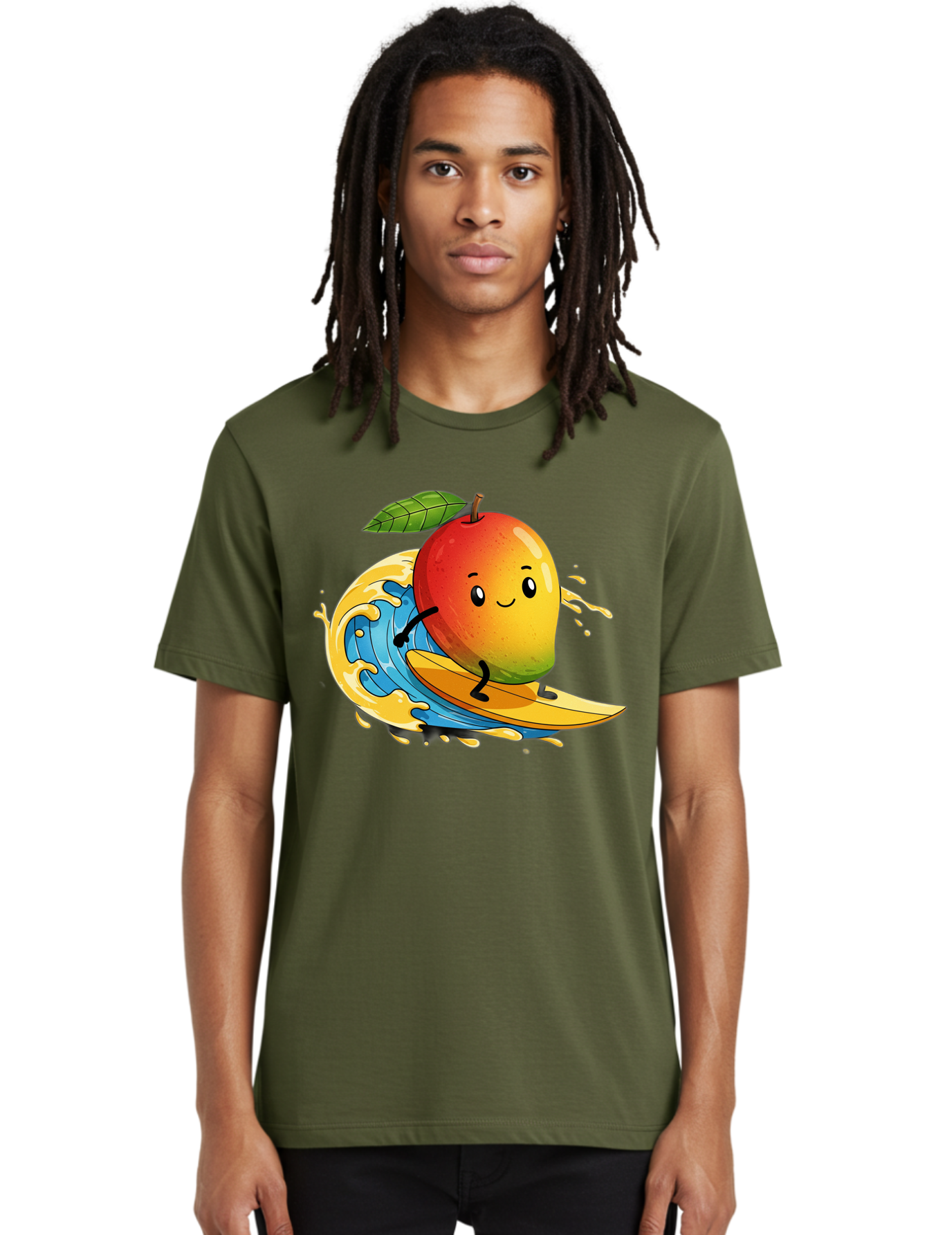 Mango-Surfing-1 Men'S Graphic Tee, 100% Cotton, Comfortable Casual Summer Wear, Machine Washable, Mango On Surfboard, Surfing Wave, Cartoon Fruit, Summer Fun, Beach Activity, Tropical Vibes, Happy Mango, Fruit Character, Playful Illustration Bac166 19