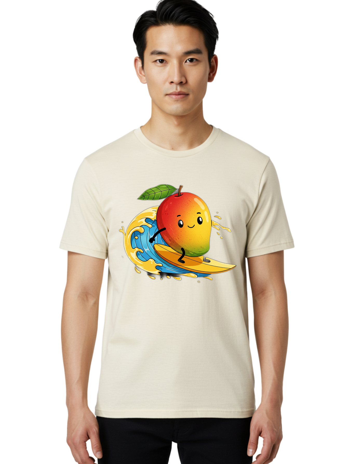 Mango-Surfing-1 Men'S Graphic Tee, 100% Cotton, Comfortable Casual Summer Wear, Machine Washable, Mango On Surfboard, Surfing Wave, Cartoon Fruit, Summer Fun, Beach Activity, Tropical Vibes, Happy Mango, Fruit Character, Playful Illustration Bac166 30