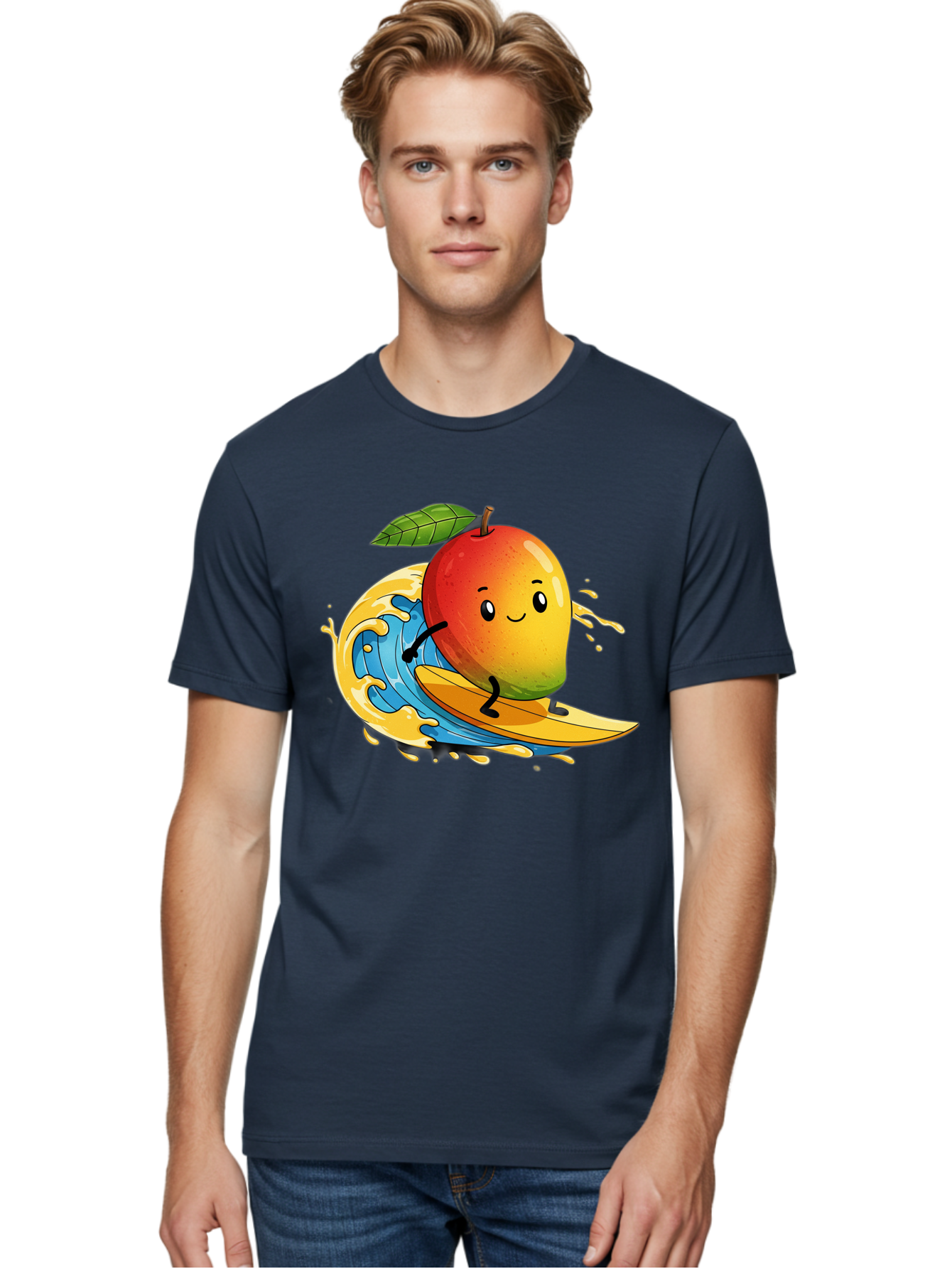 Mango-Surfing-1 Men'S Graphic Tee, 100% Cotton, Comfortable Casual Summer Wear, Machine Washable, Mango On Surfboard, Surfing Wave, Cartoon Fruit, Summer Fun, Beach Activity, Tropical Vibes, Happy Mango, Fruit Character, Playful Illustration Bac166 29