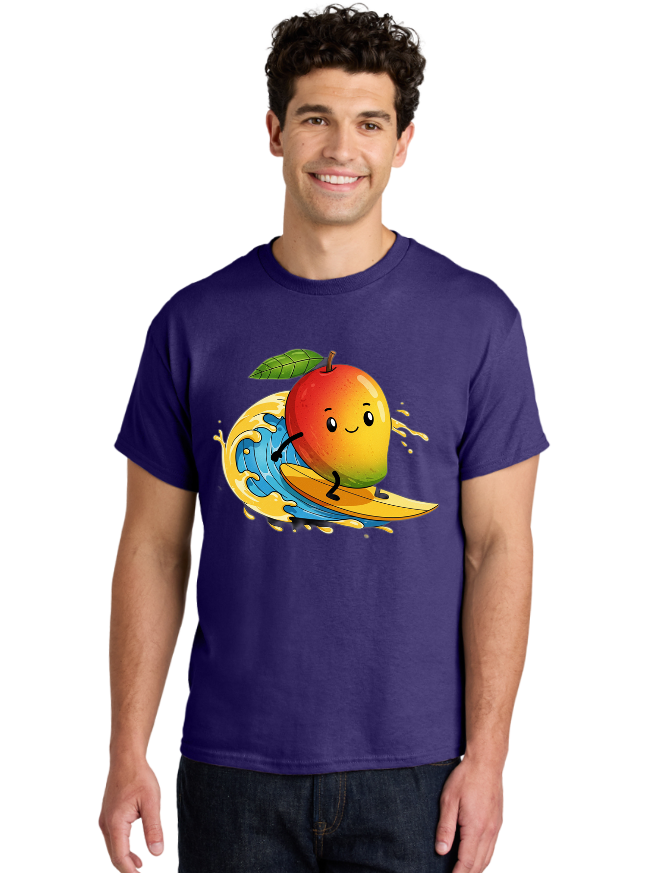 Mango-Surfing-1 Men'S Graphic Tee, 100% Cotton, Comfortable Casual Summer Wear, Machine Washable, Mango On Surfboard, Surfing Wave, Cartoon Fruit, Summer Fun, Beach Activity, Tropical Vibes, Happy Mango, Fruit Character, Playful Illustration Bac166 24