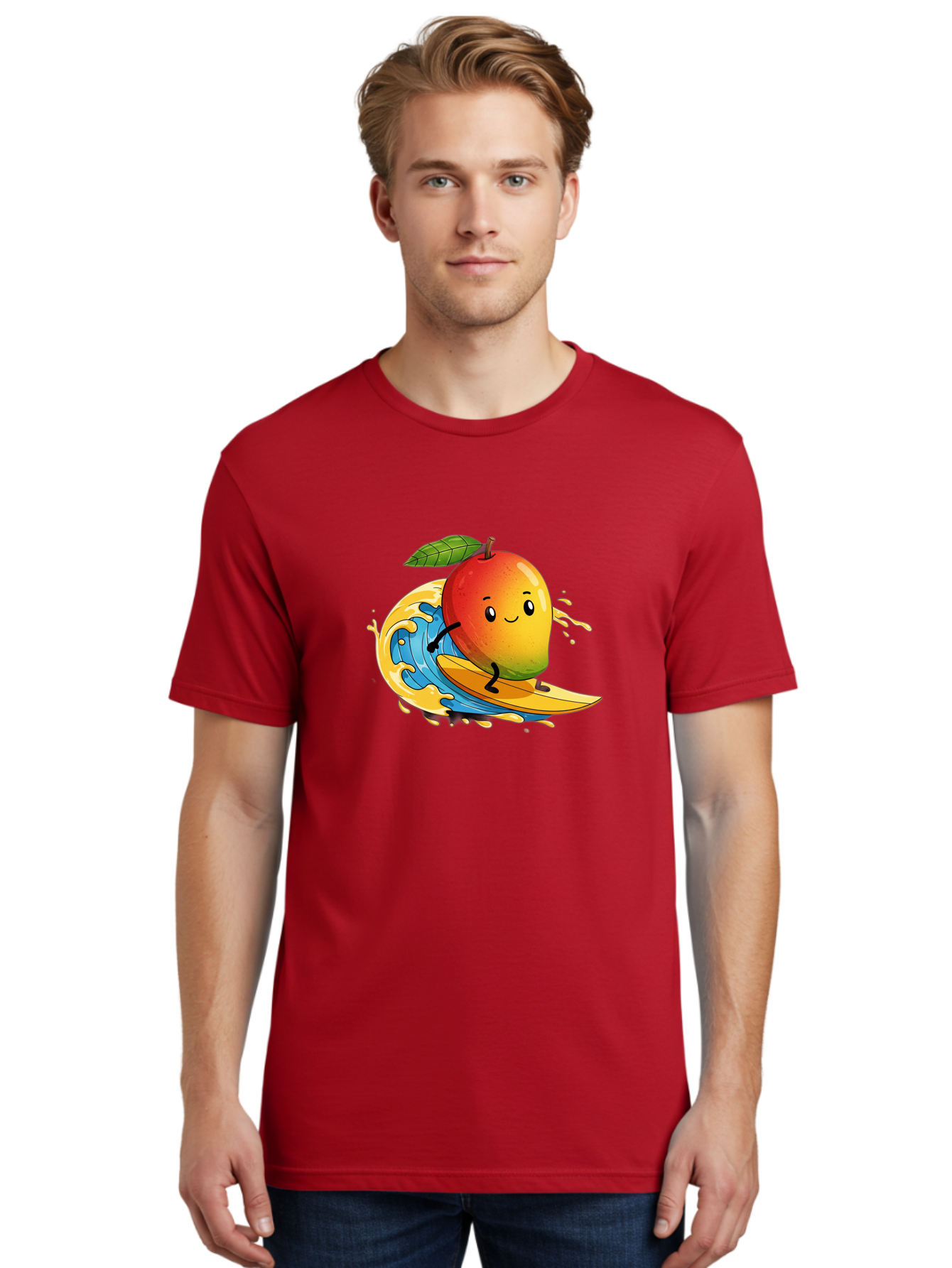 Mango-Surfing-1 Men'S Graphic Tee, 100% Cotton, Comfortable Casual Summer Wear, Machine Washable, Mango On Surfboard, Surfing Wave, Cartoon Fruit, Summer Fun, Beach Activity, Tropical Vibes, Happy Mango, Fruit Character, Playful Illustration Bac166 27