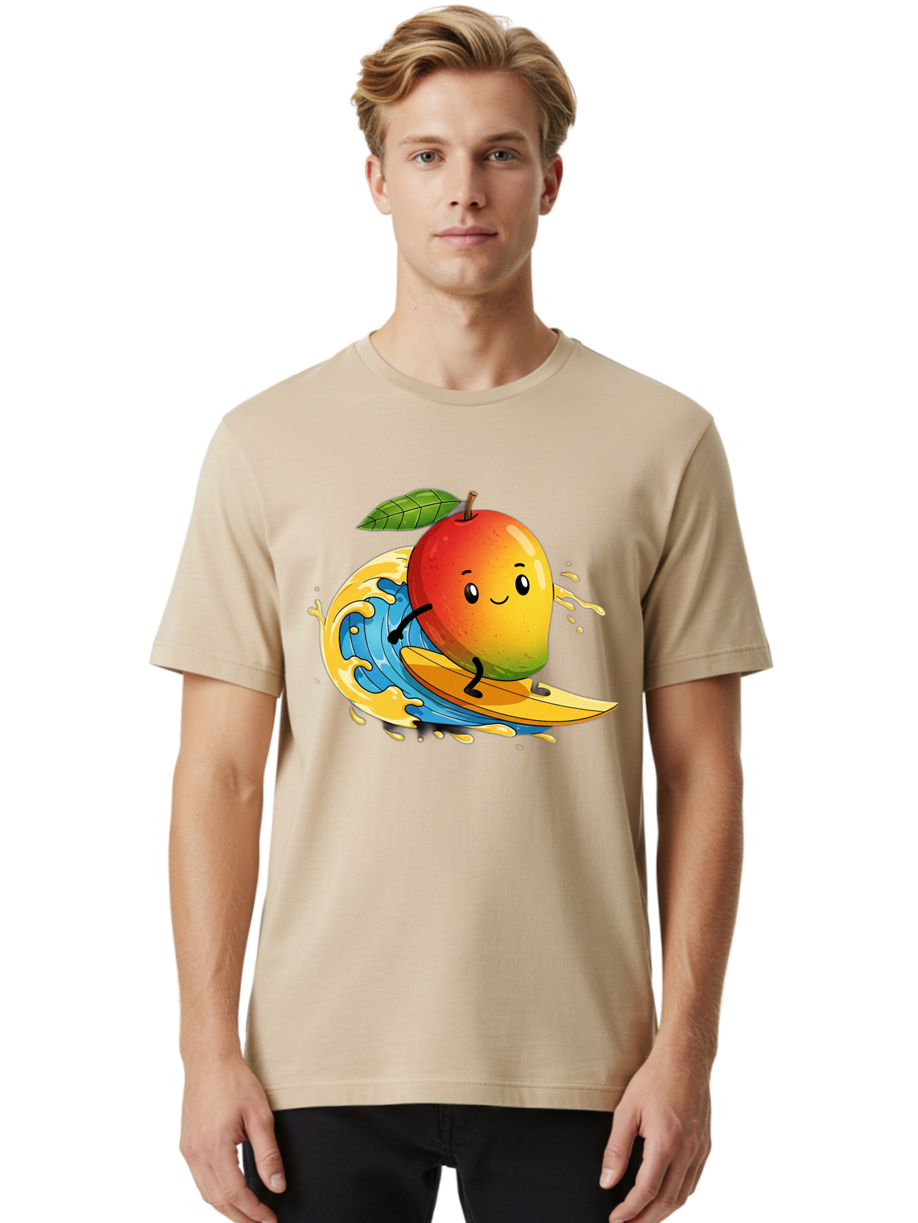 Mango-Surfing-1 Men'S Graphic Tee, 100% Cotton, Comfortable Casual Summer Wear, Machine Washable, Mango On Surfboard, Surfing Wave, Cartoon Fruit, Summer Fun, Beach Activity, Tropical Vibes, Happy Mango, Fruit Character, Playful Illustration Bac166 26