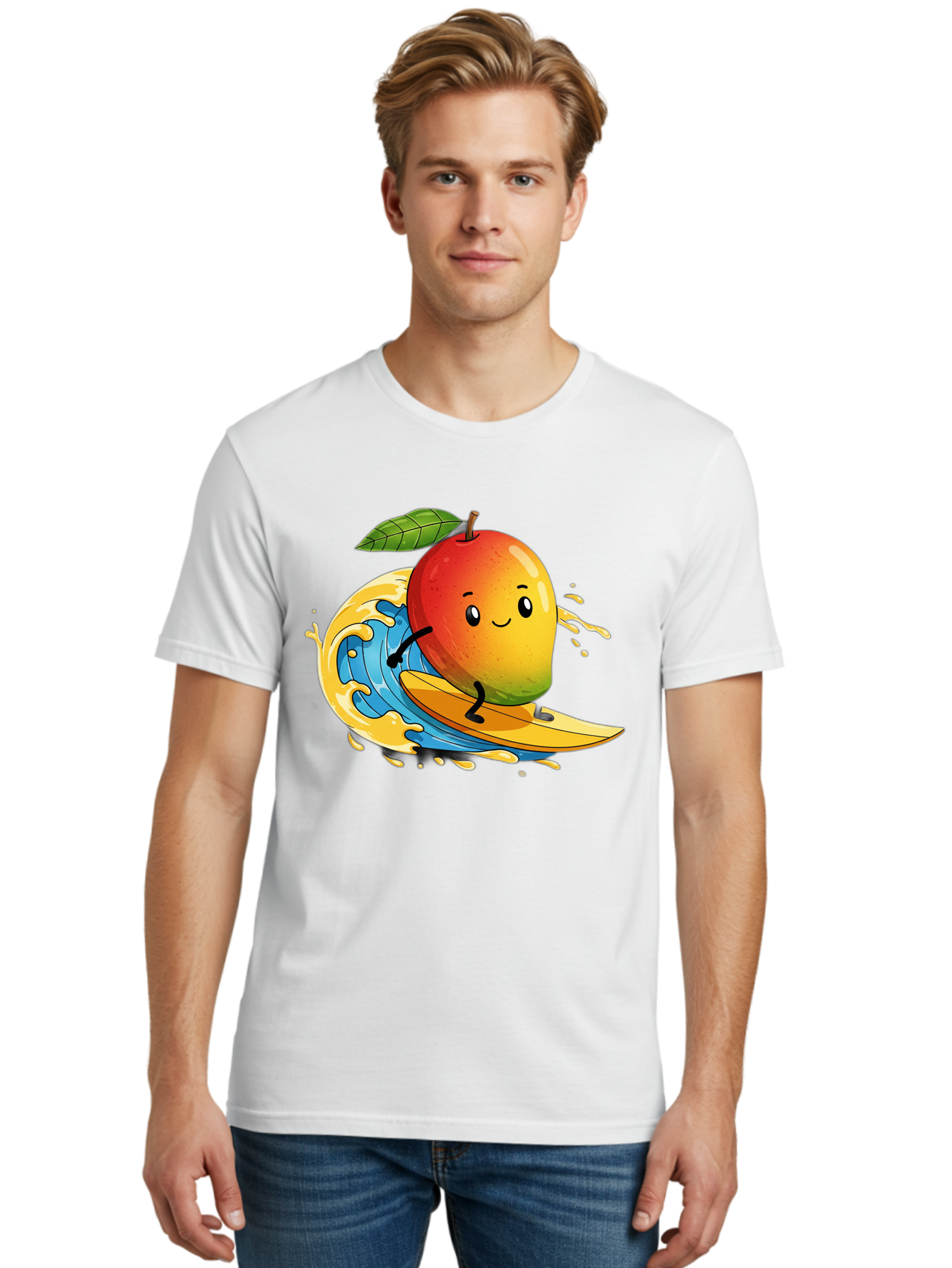 Mango-Surfing-1 Men'S Graphic Tee, 100% Cotton, Comfortable Casual Summer Wear, Machine Washable, Mango On Surfboard, Surfing Wave, Cartoon Fruit, Summer Fun, Beach Activity, Tropical Vibes, Happy Mango, Fruit Character, Playful Illustration Bac166 20