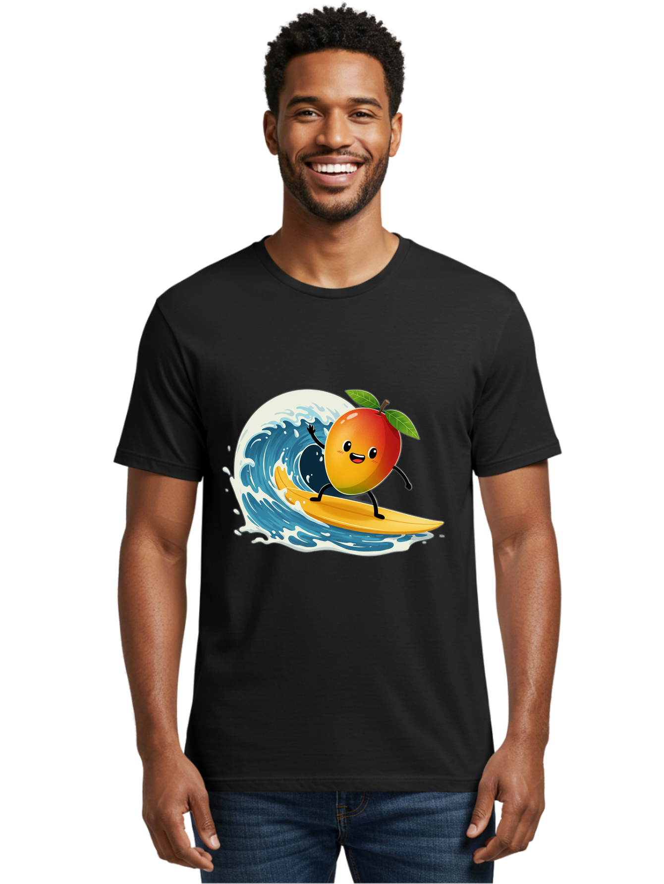 Mango-Surfing Men'S Graphic Tee, 100% Cotton, Comfortable Casual Summer Wear, Machine Washable, Cartoon Mango, Surfing Wave, Happy Face, Beach Fun, Summer Vibes, Ocean Wave, Surfing Cartoon, Playful Character, Cute Illustration Bac167 25