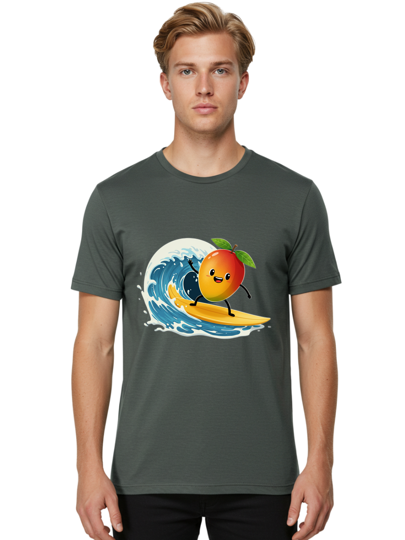 Mango-Surfing Men'S Graphic Tee, 100% Cotton, Comfortable Casual Summer Wear, Machine Washable, Cartoon Mango, Surfing Wave, Happy Face, Beach Fun, Summer Vibes, Ocean Wave, Surfing Cartoon, Playful Character, Cute Illustration Bac167 20
