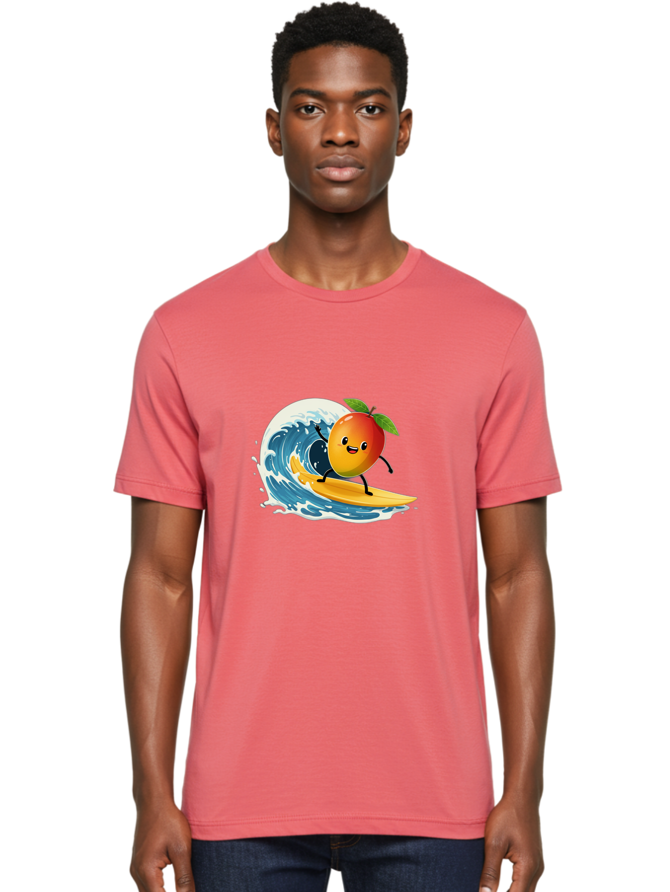 Mango-Surfing Men'S Graphic Tee, 100% Cotton, Comfortable Casual Summer Wear, Machine Washable, Cartoon Mango, Surfing Wave, Happy Face, Beach Fun, Summer Vibes, Ocean Wave, Surfing Cartoon, Playful Character, Cute Illustration Bac167 27