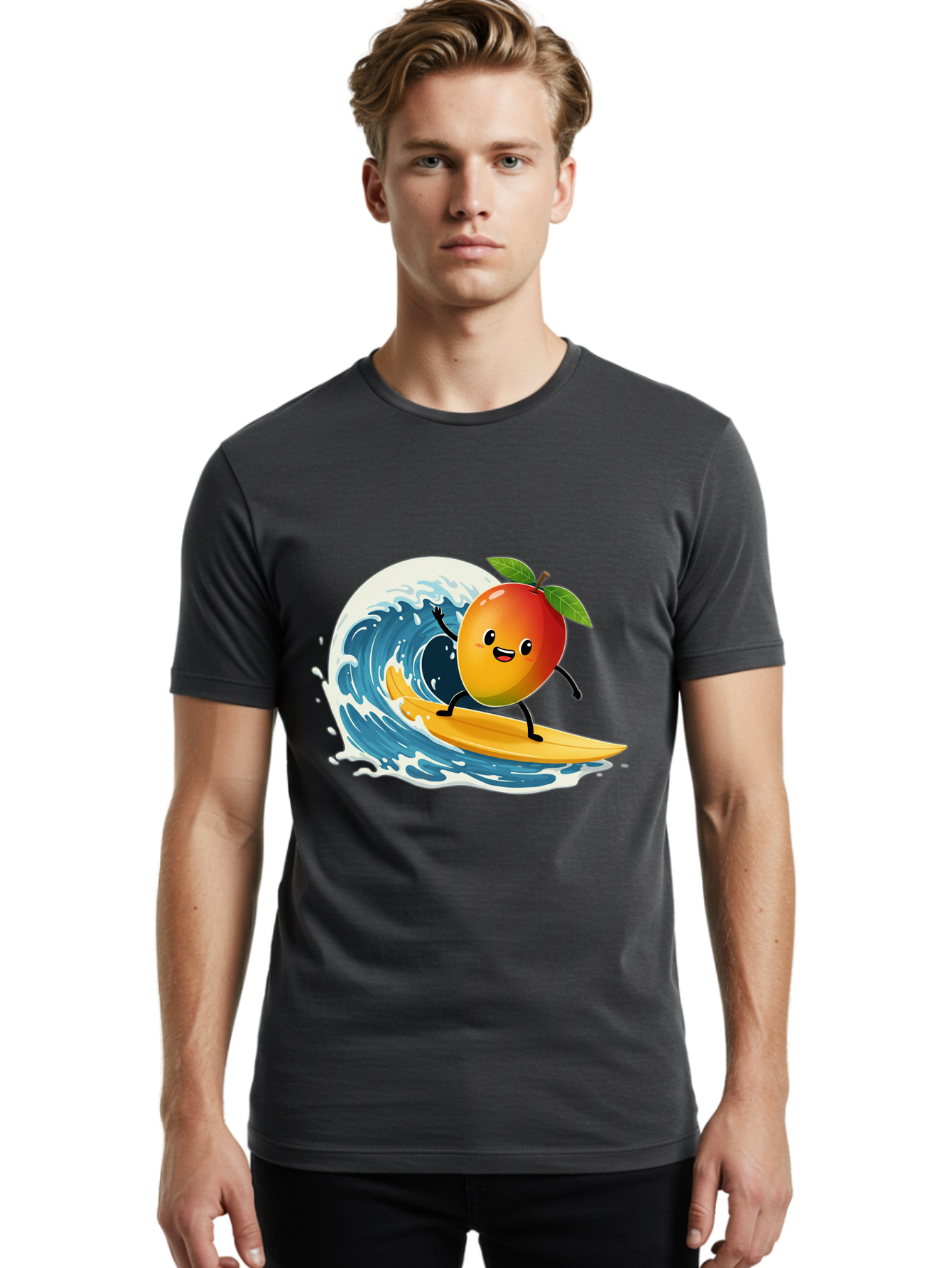 Mango-Surfing Men'S Graphic Tee, 100% Cotton, Comfortable Casual Summer Wear, Machine Washable, Cartoon Mango, Surfing Wave, Happy Face, Beach Fun, Summer Vibes, Ocean Wave, Surfing Cartoon, Playful Character, Cute Illustration Bac167 24