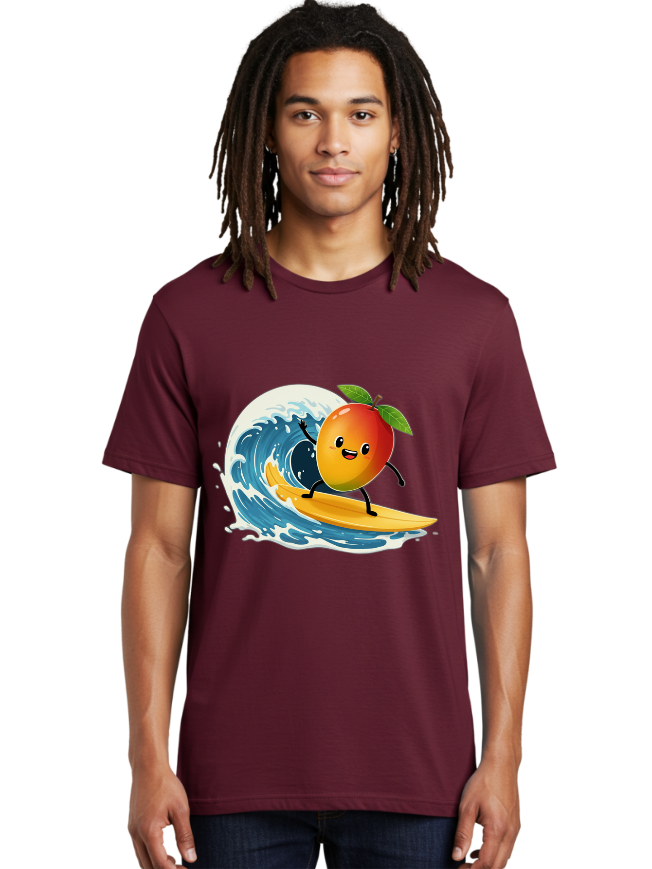 Mango-Surfing Men'S Graphic Tee, 100% Cotton, Comfortable Casual Summer Wear, Machine Washable, Cartoon Mango, Surfing Wave, Happy Face, Beach Fun, Summer Vibes, Ocean Wave, Surfing Cartoon, Playful Character, Cute Illustration Bac167 16