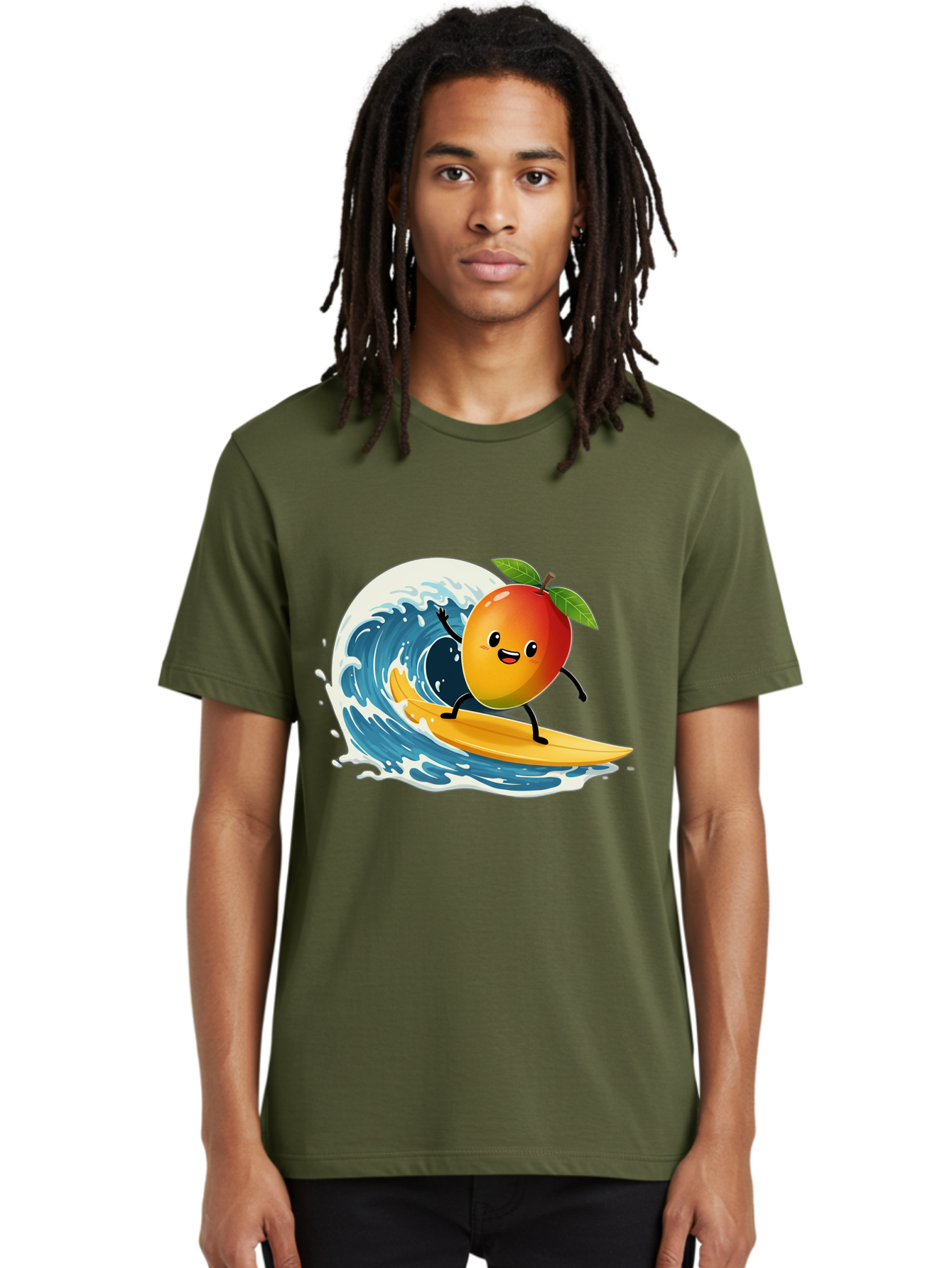 Mango-Surfing Men'S Graphic Tee, 100% Cotton, Comfortable Casual Summer Wear, Machine Washable, Cartoon Mango, Surfing Wave, Happy Face, Beach Fun, Summer Vibes, Ocean Wave, Surfing Cartoon, Playful Character, Cute Illustration Bac167 29