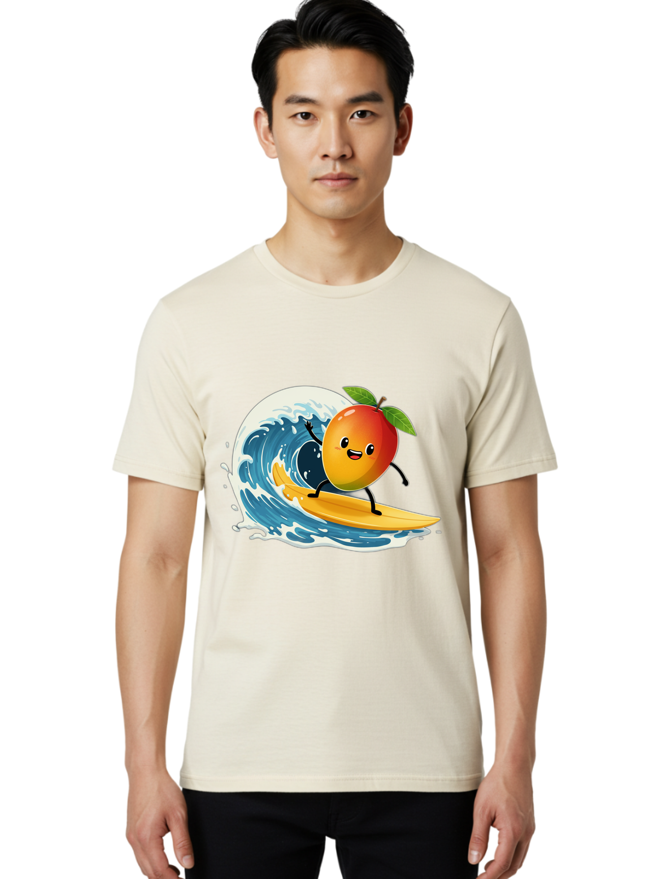 Mango-Surfing Men'S Graphic Tee, 100% Cotton, Comfortable Casual Summer Wear, Machine Washable, Cartoon Mango, Surfing Wave, Happy Face, Beach Fun, Summer Vibes, Ocean Wave, Surfing Cartoon, Playful Character, Cute Illustration Bac167 22