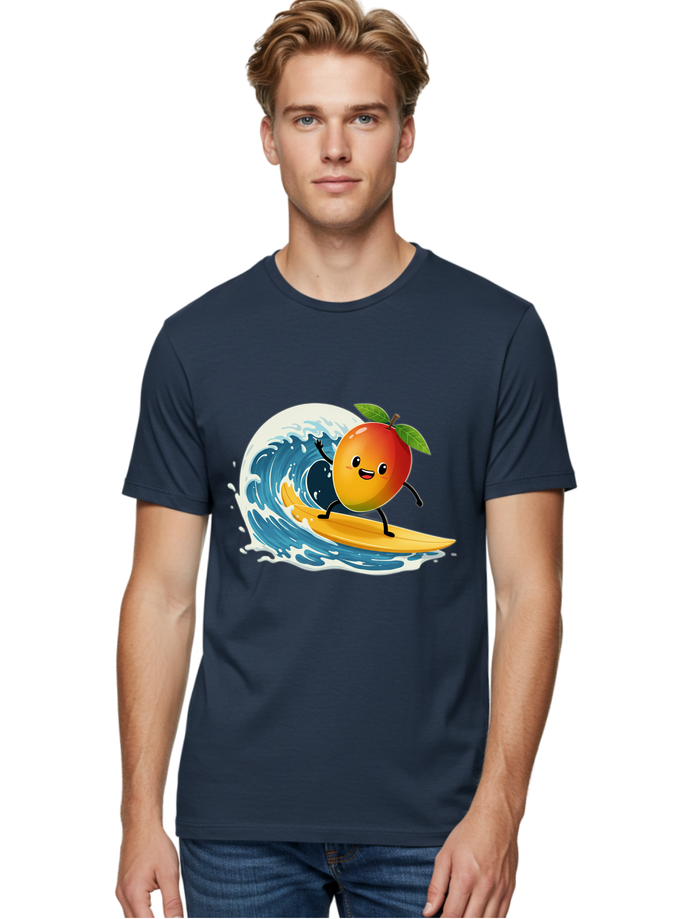Mango-Surfing Men'S Graphic Tee, 100% Cotton, Comfortable Casual Summer Wear, Machine Washable, Cartoon Mango, Surfing Wave, Happy Face, Beach Fun, Summer Vibes, Ocean Wave, Surfing Cartoon, Playful Character, Cute Illustration Bac167 18