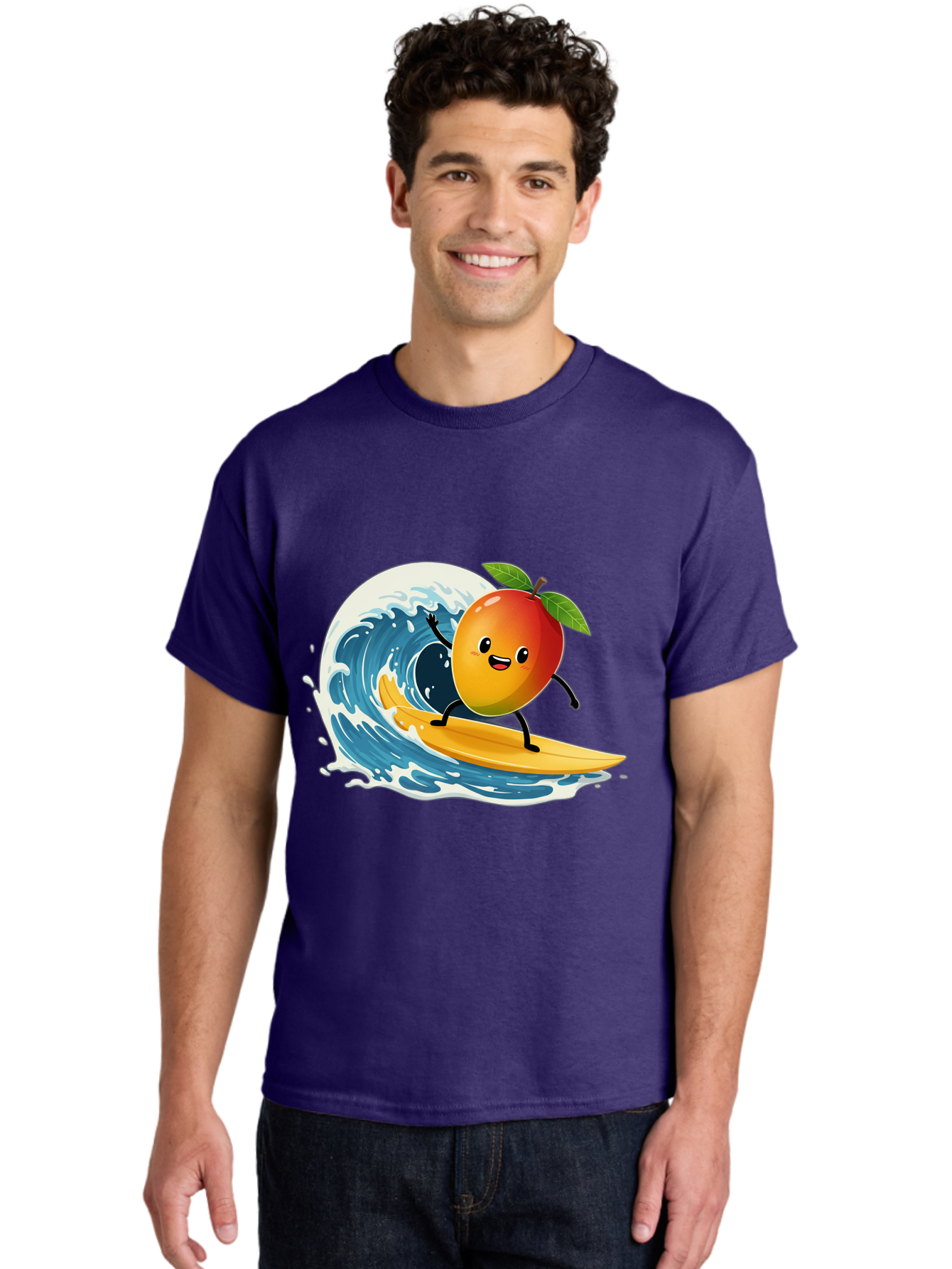 Mango-Surfing Men'S Graphic Tee, 100% Cotton, Comfortable Casual Summer Wear, Machine Washable, Cartoon Mango, Surfing Wave, Happy Face, Beach Fun, Summer Vibes, Ocean Wave, Surfing Cartoon, Playful Character, Cute Illustration Bac167 17